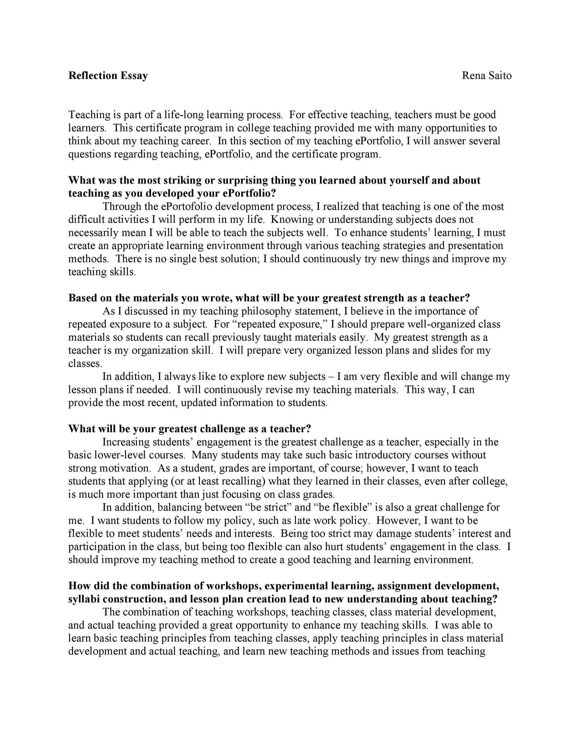reflective essay examples for university