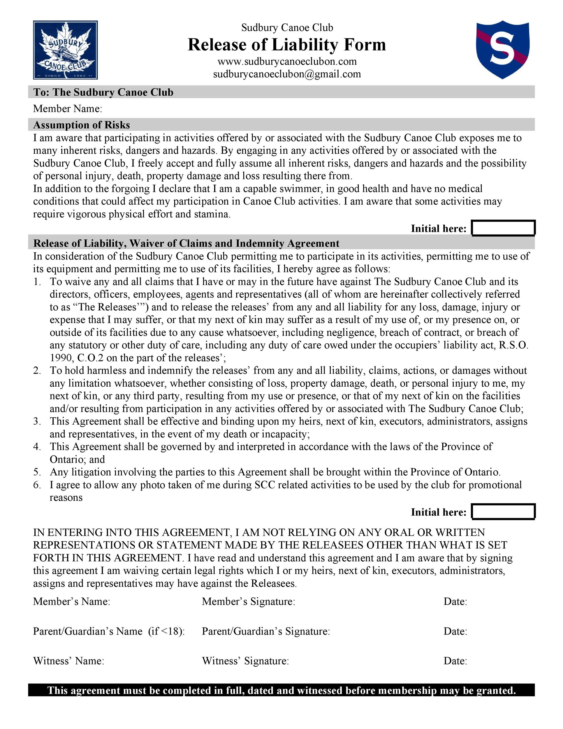 Free release of liability form 10