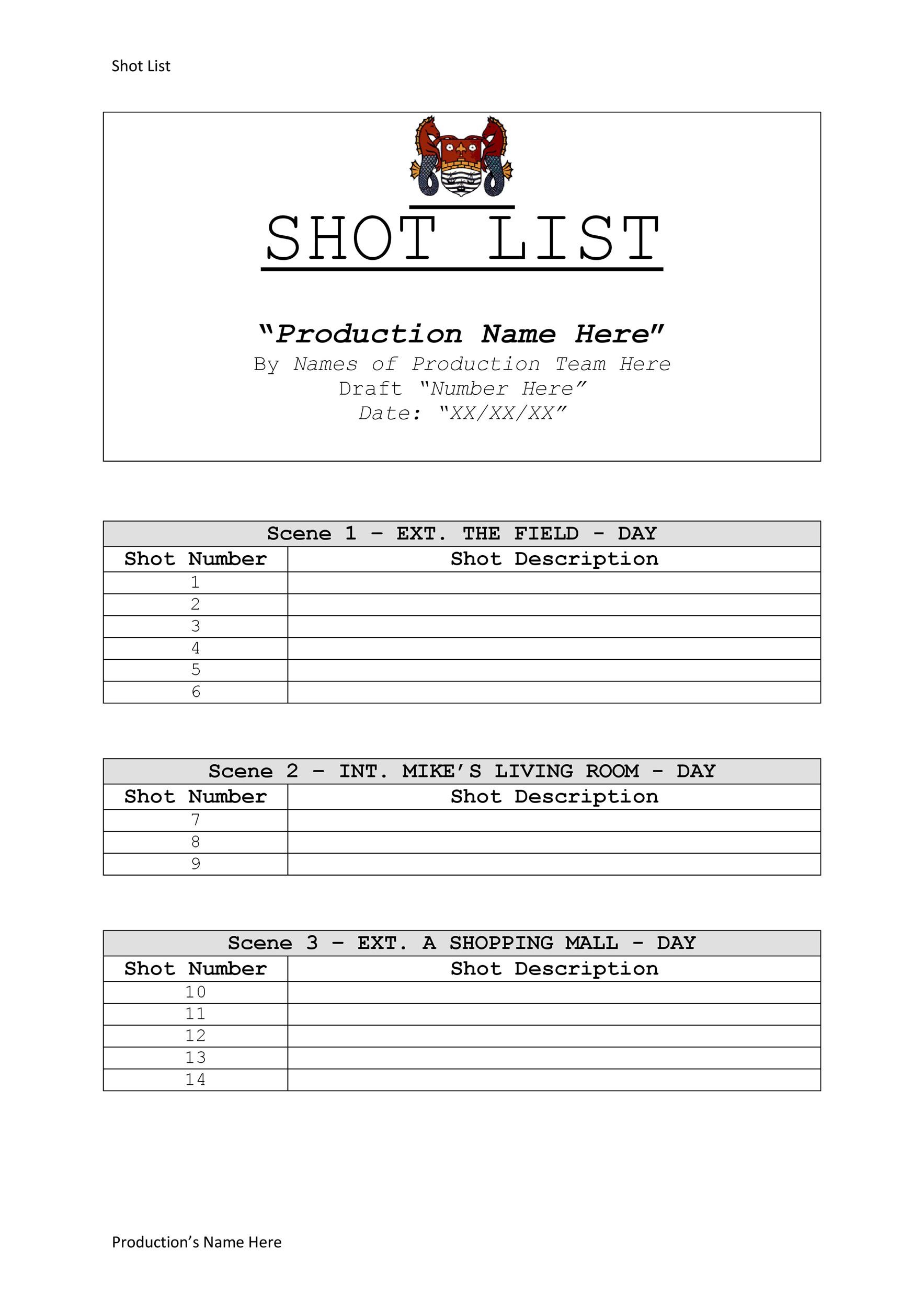 Free shot list template 27