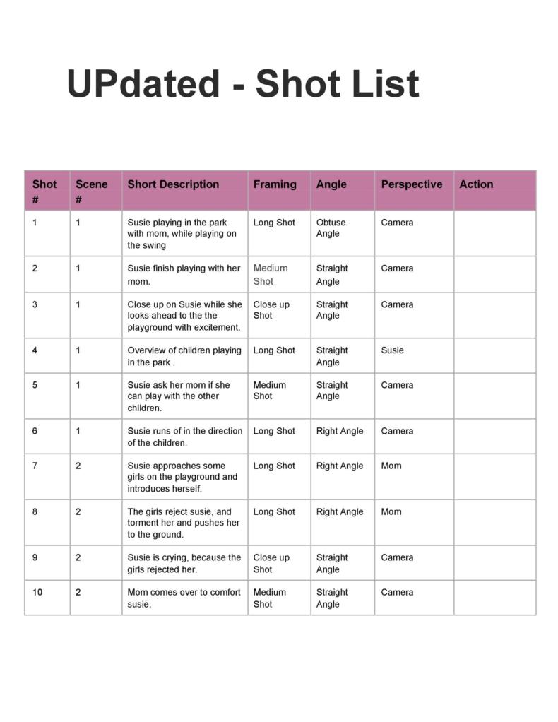 50 Handy Shot List Templates Film Photography TemplateLab