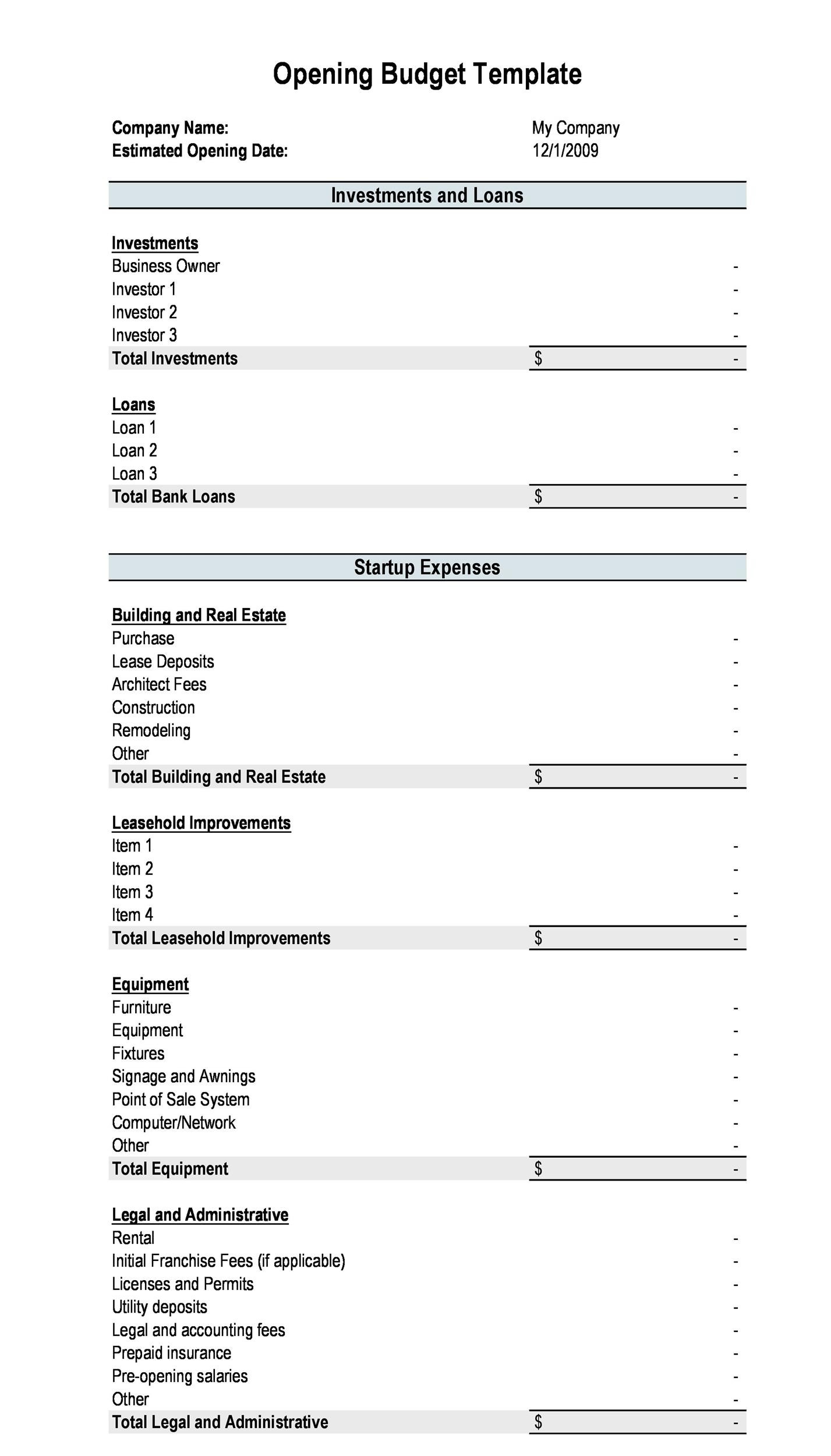 Start Up Business Budget Template Pdf