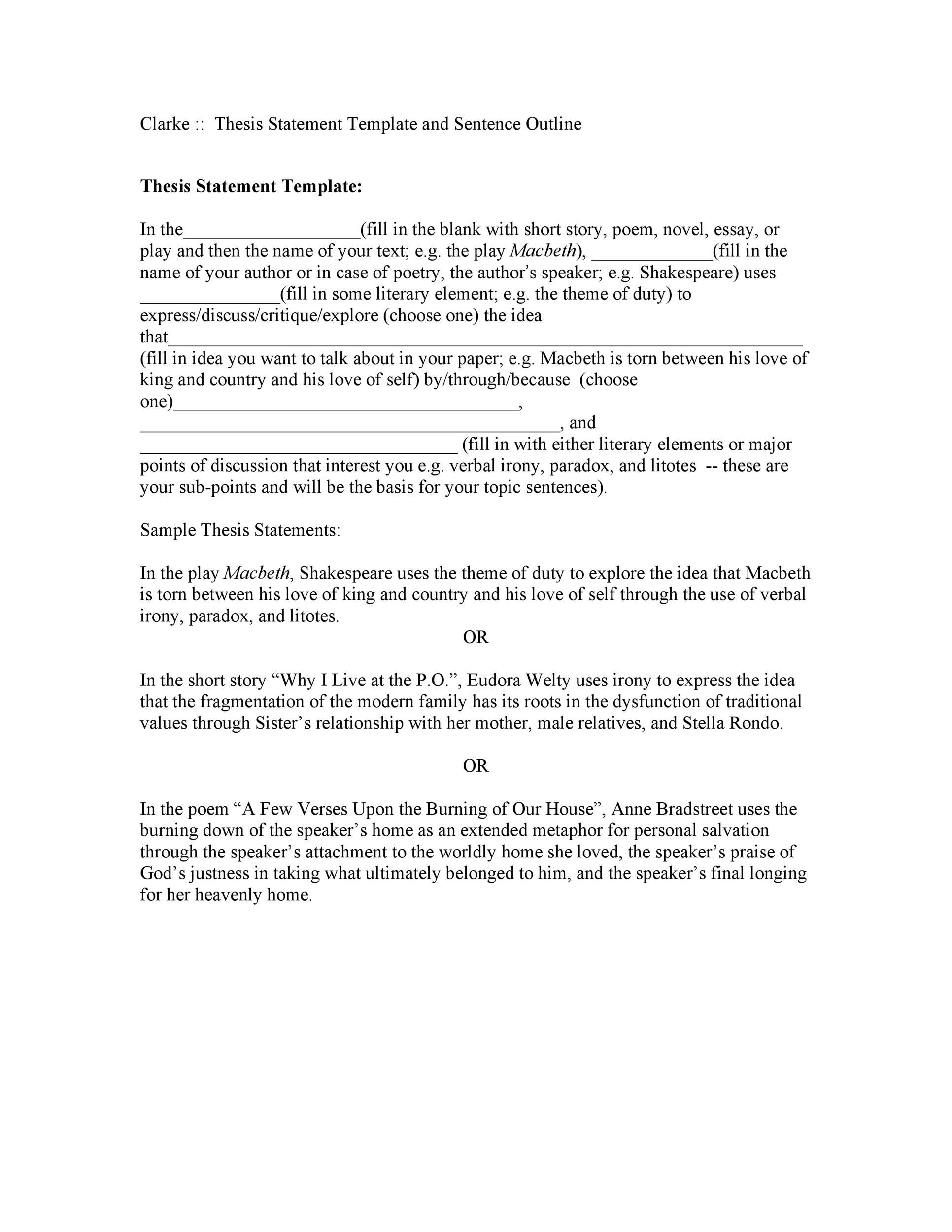 thesis statement template high school