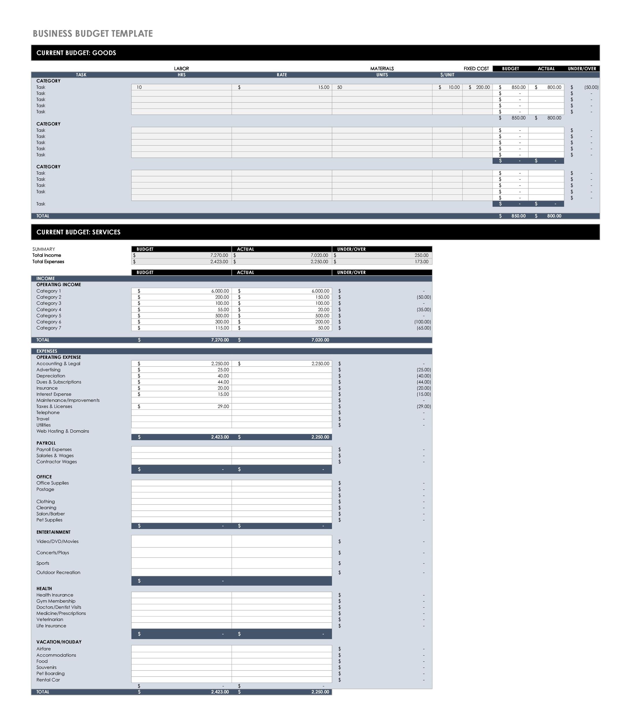 excel small business budget template