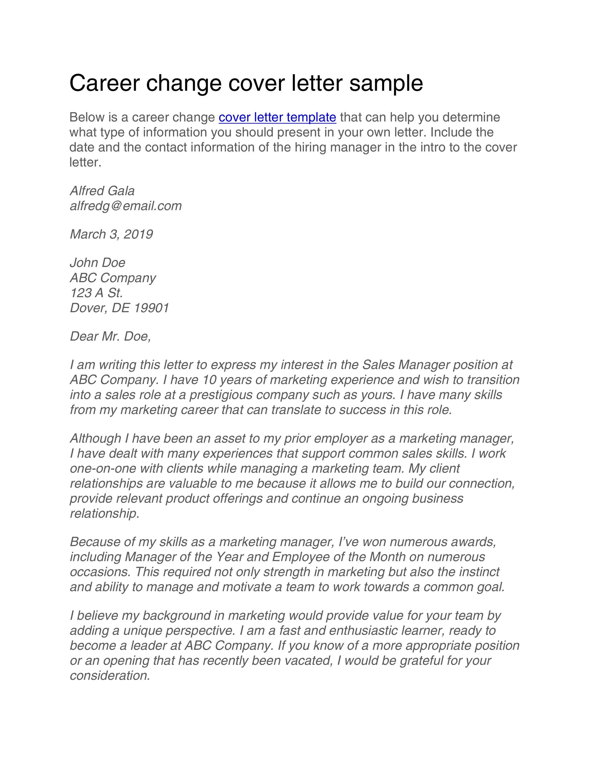 cover letter for changing position in same company