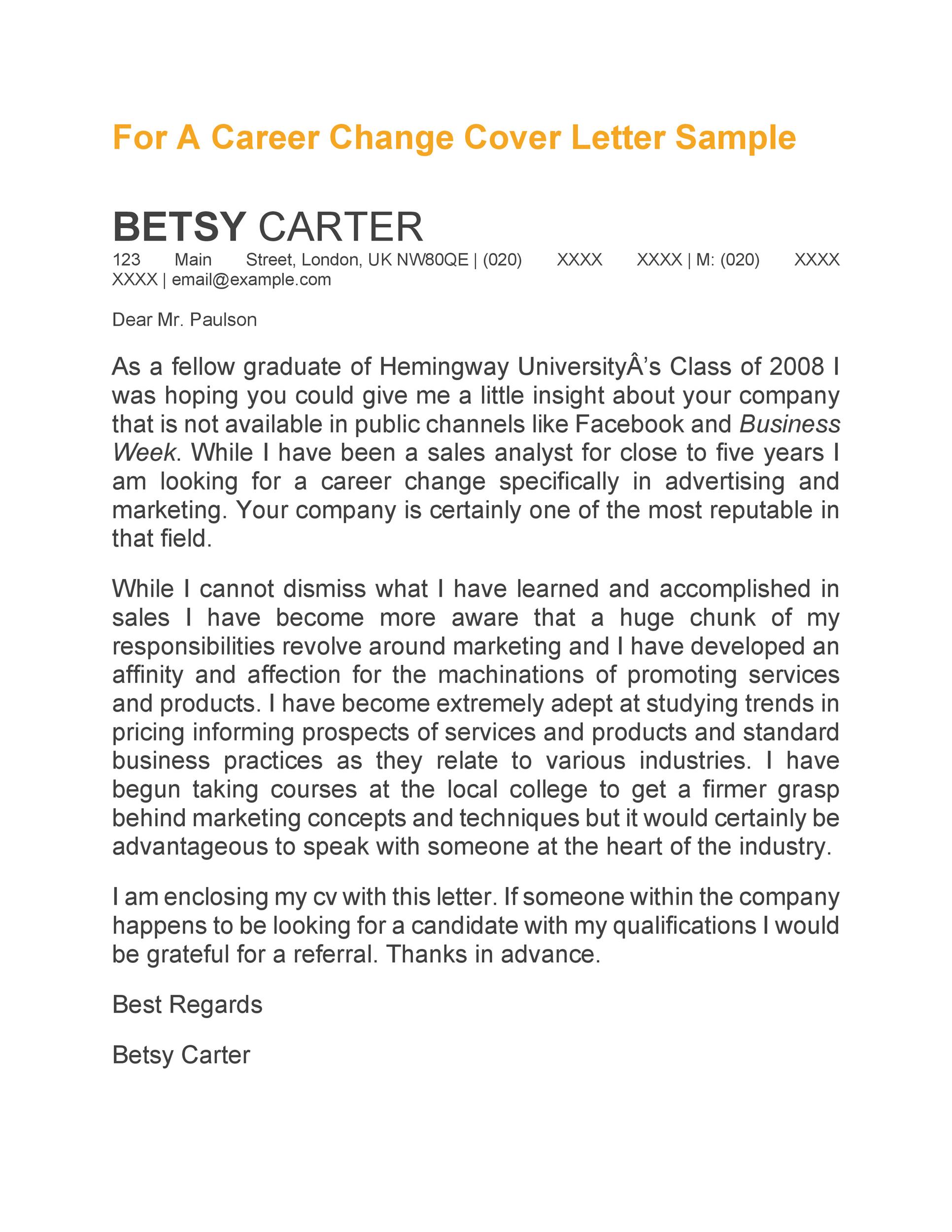 cover letter for a change of career