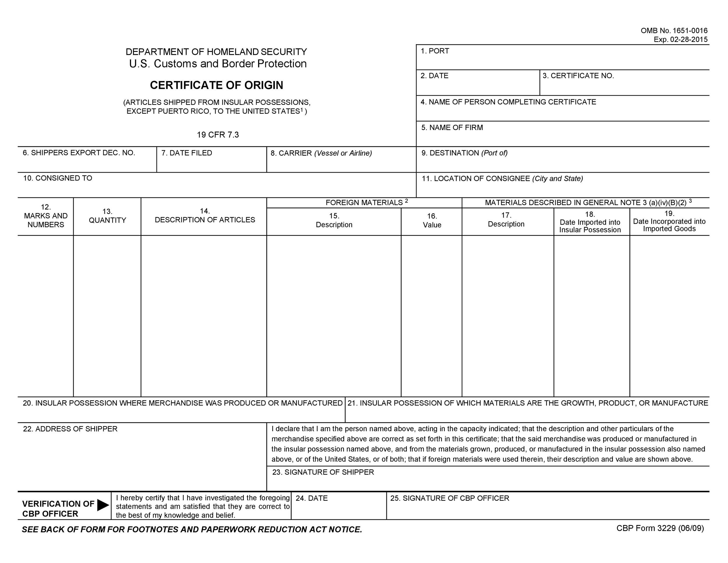 Certificate Of Origin Short Form