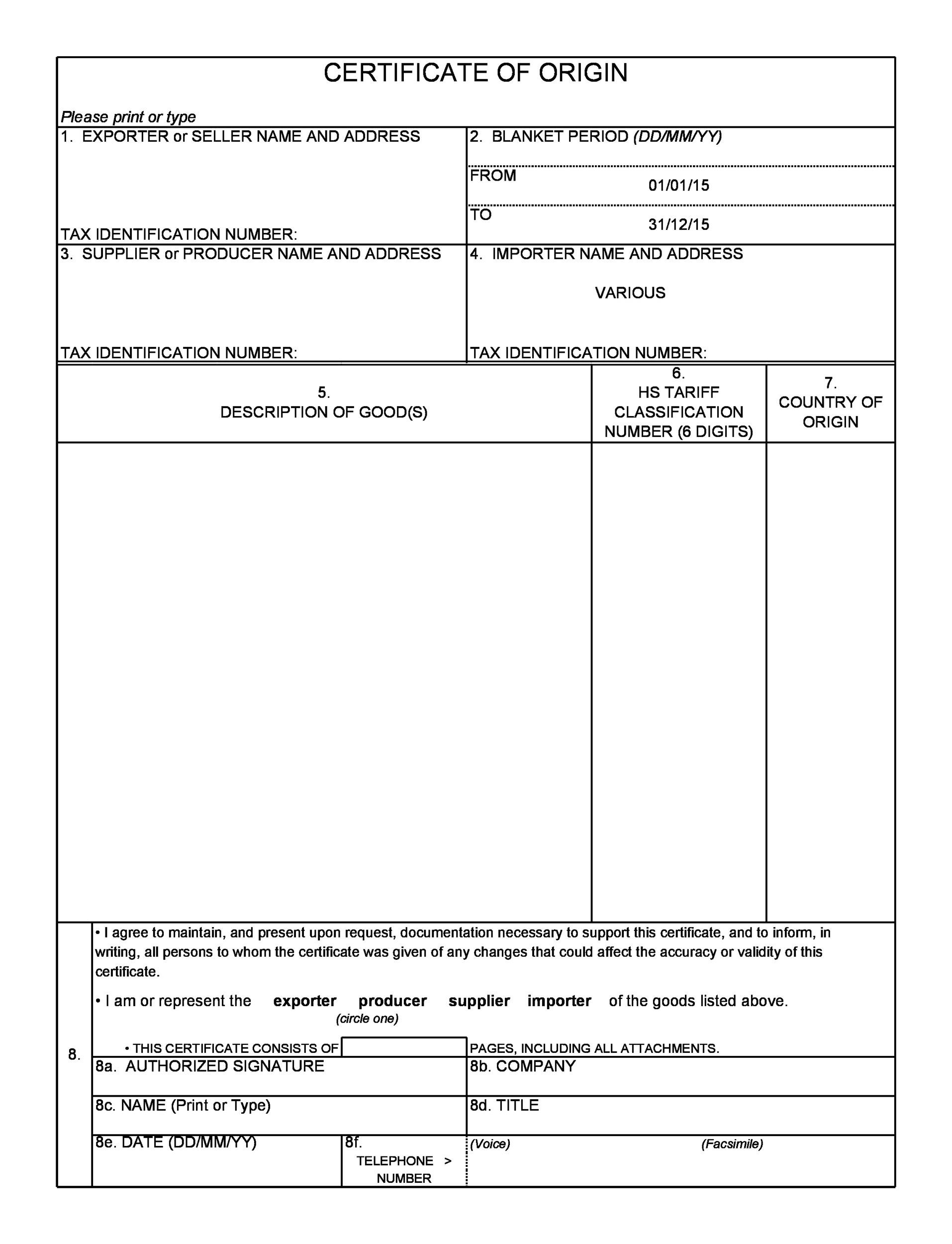 Printable Manufacturer S Certificate Of Origin Template Printable