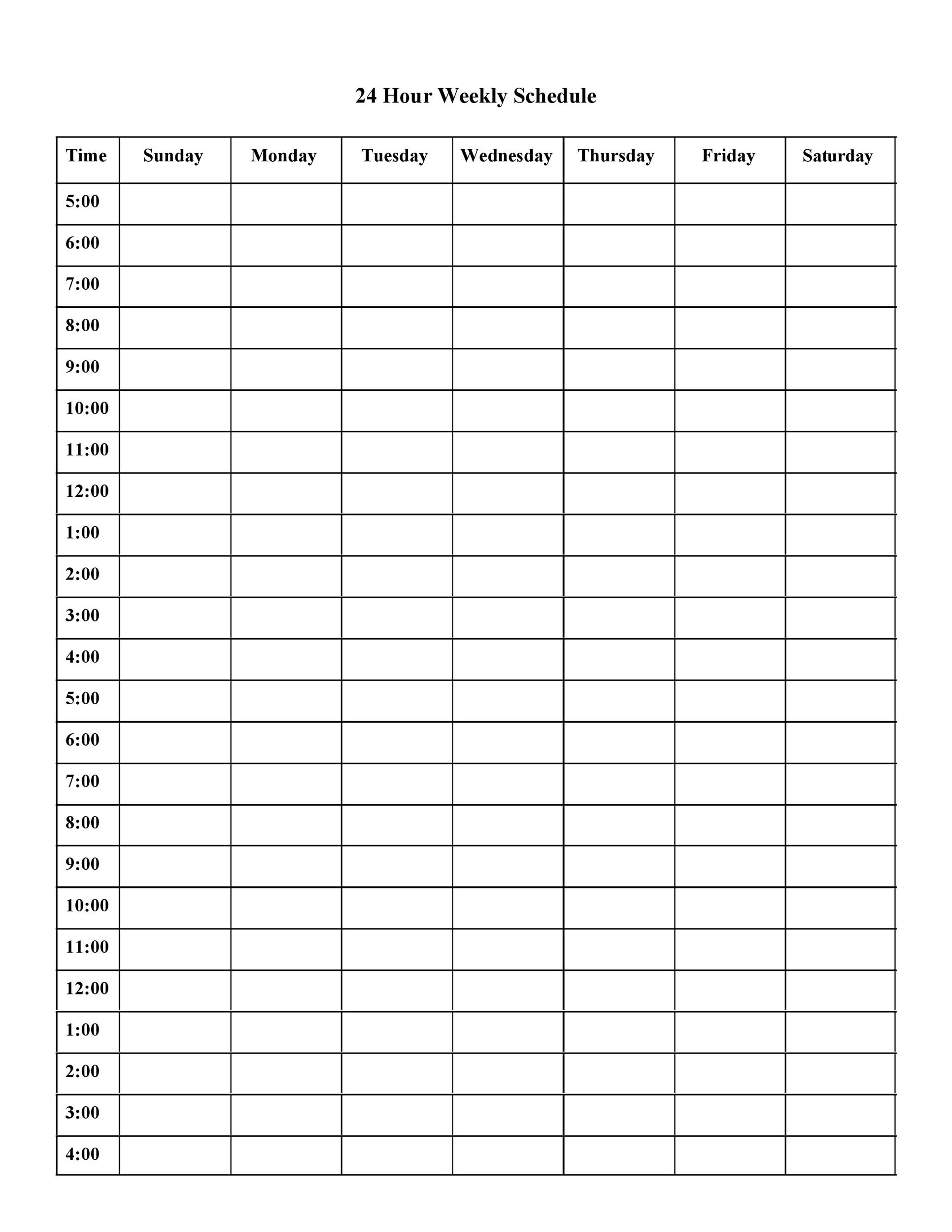 Hour By Hour Calendar Template