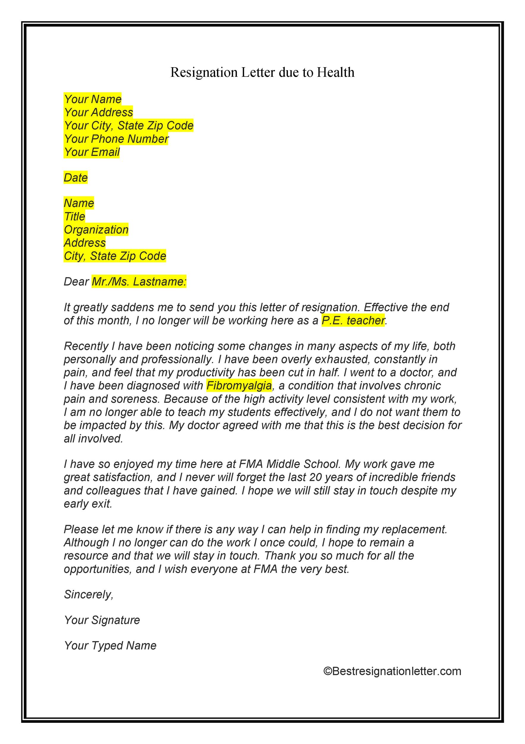 Resignation Letter For Health Reasons Pdf For Your Needs