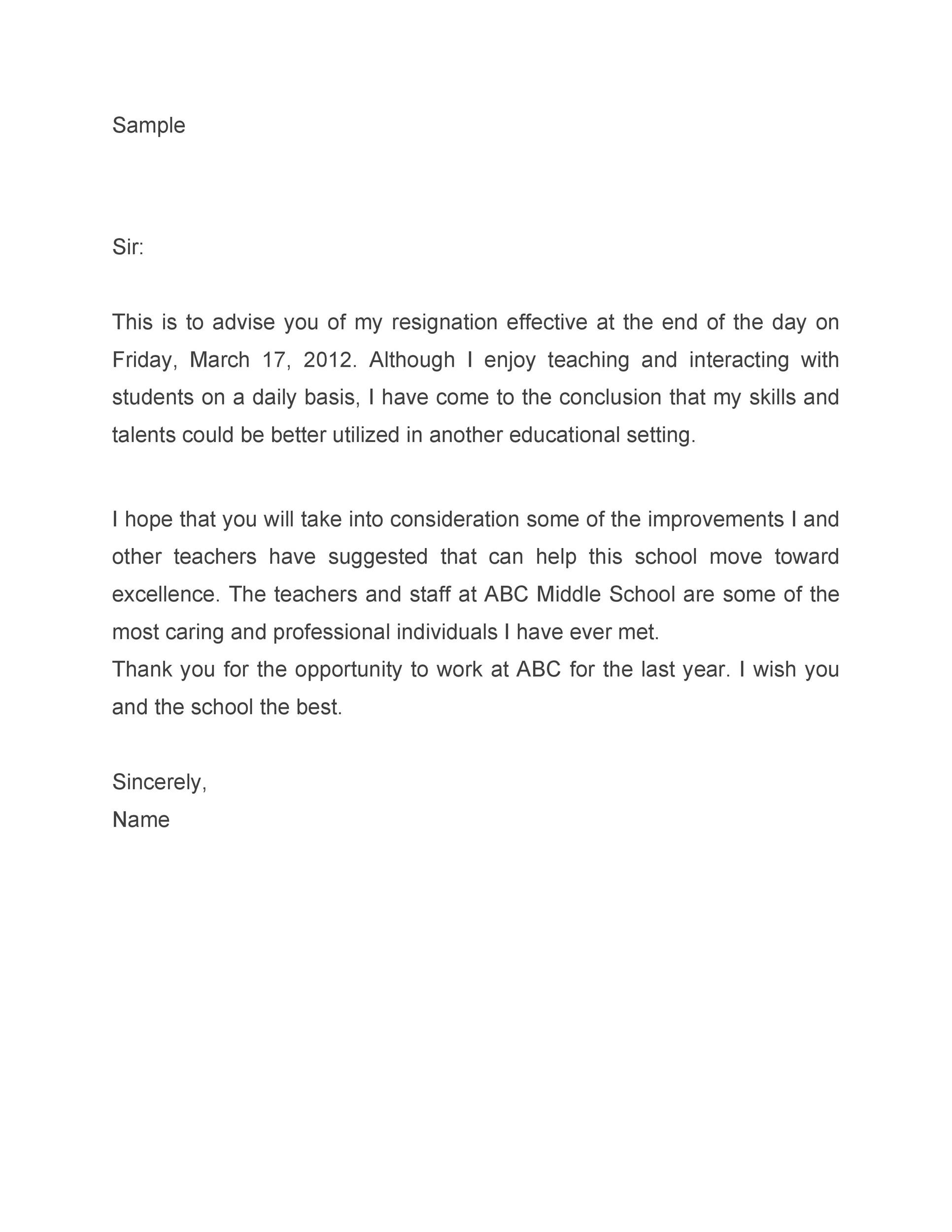 teacher job resignation letter