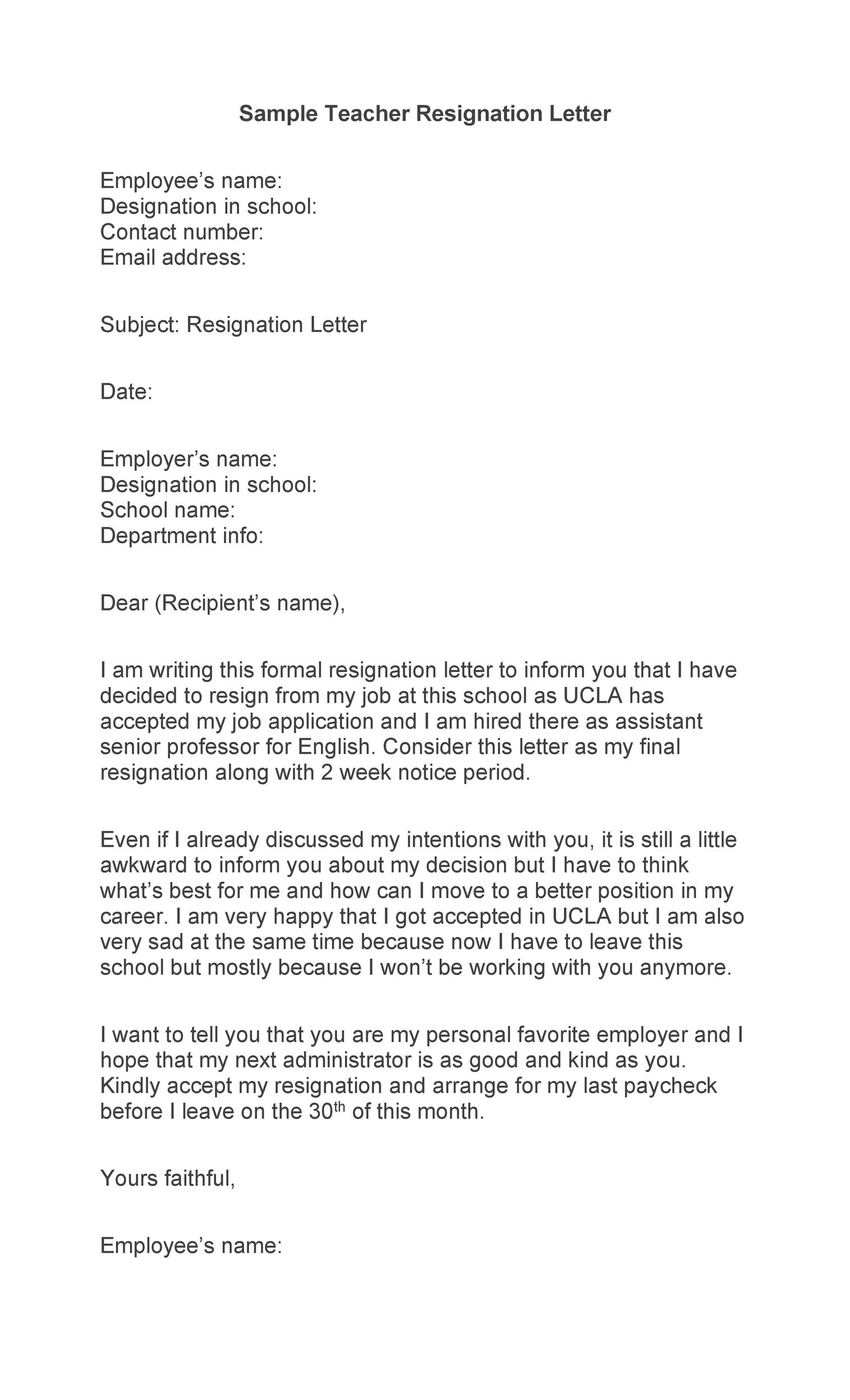 Free teacher resignation letter 18