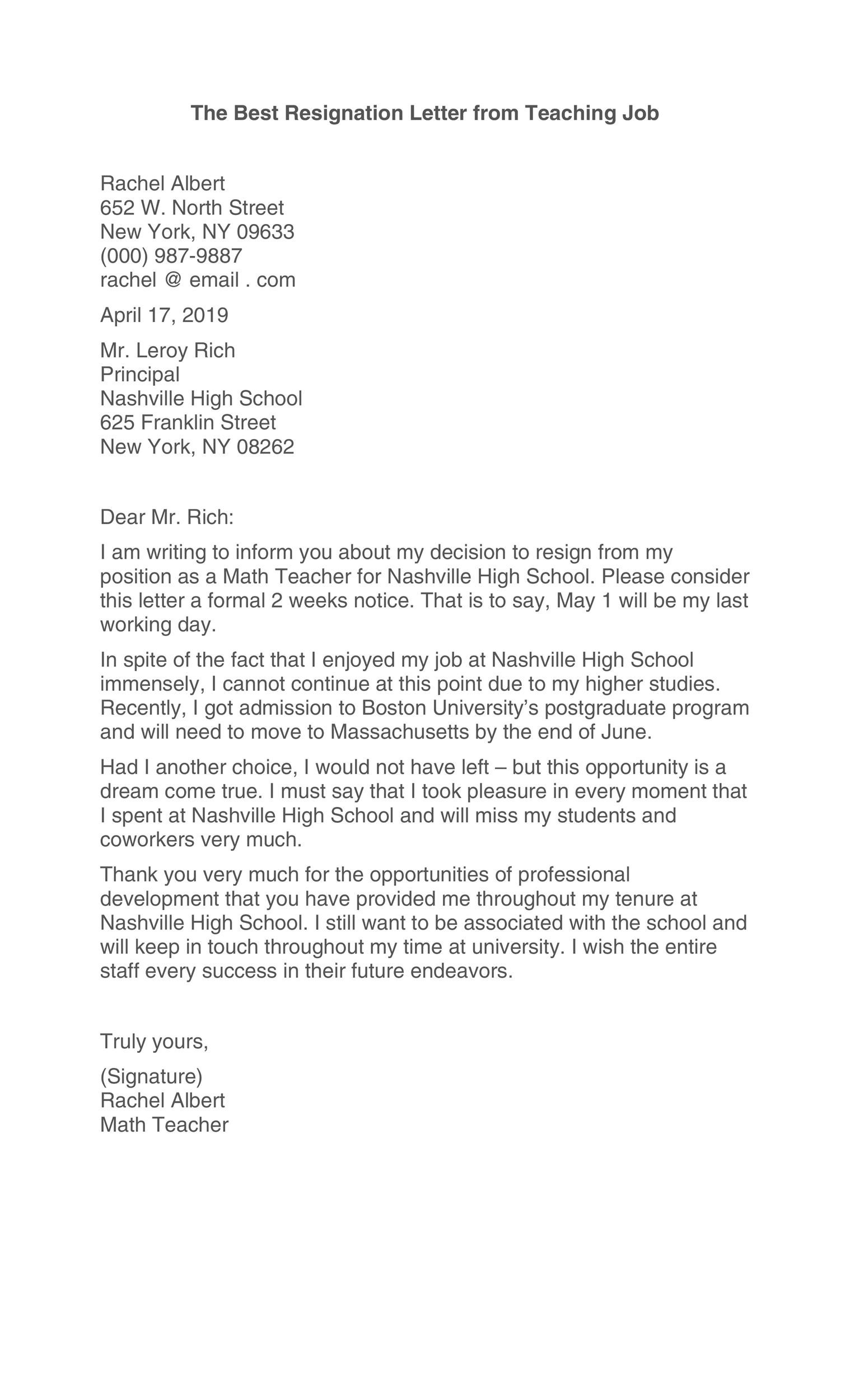 Teacher Resignation Letter To Principal Or Superintendent from templatelab.com