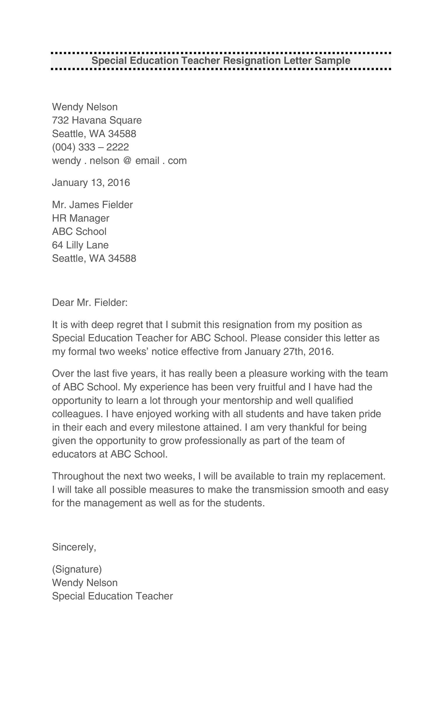 Sample Teacher Resignation Letter from templatelab.com