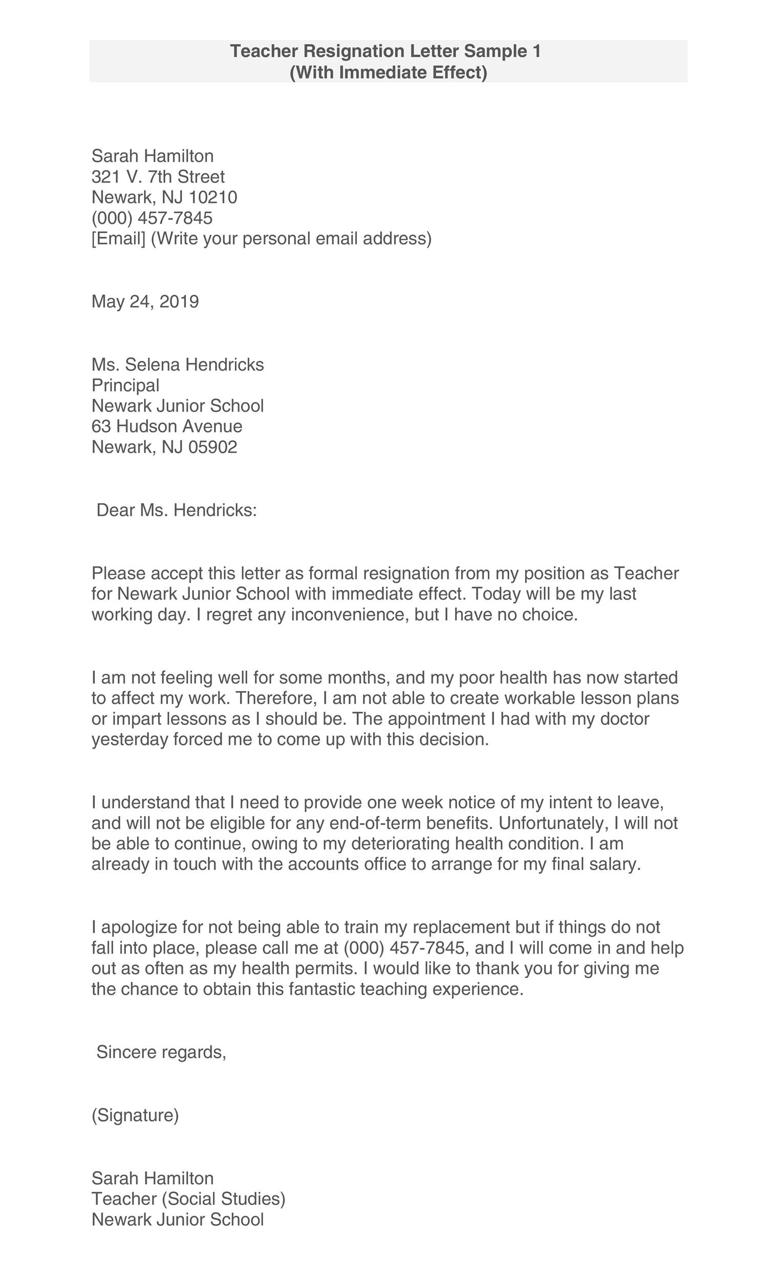 Letter Of Immediate Resignation from templatelab.com