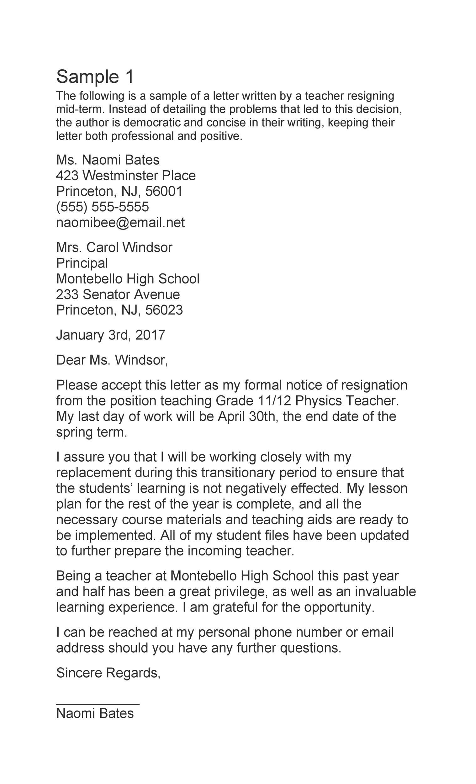 Sample Letter Of Resignation For Teachers from templatelab.com