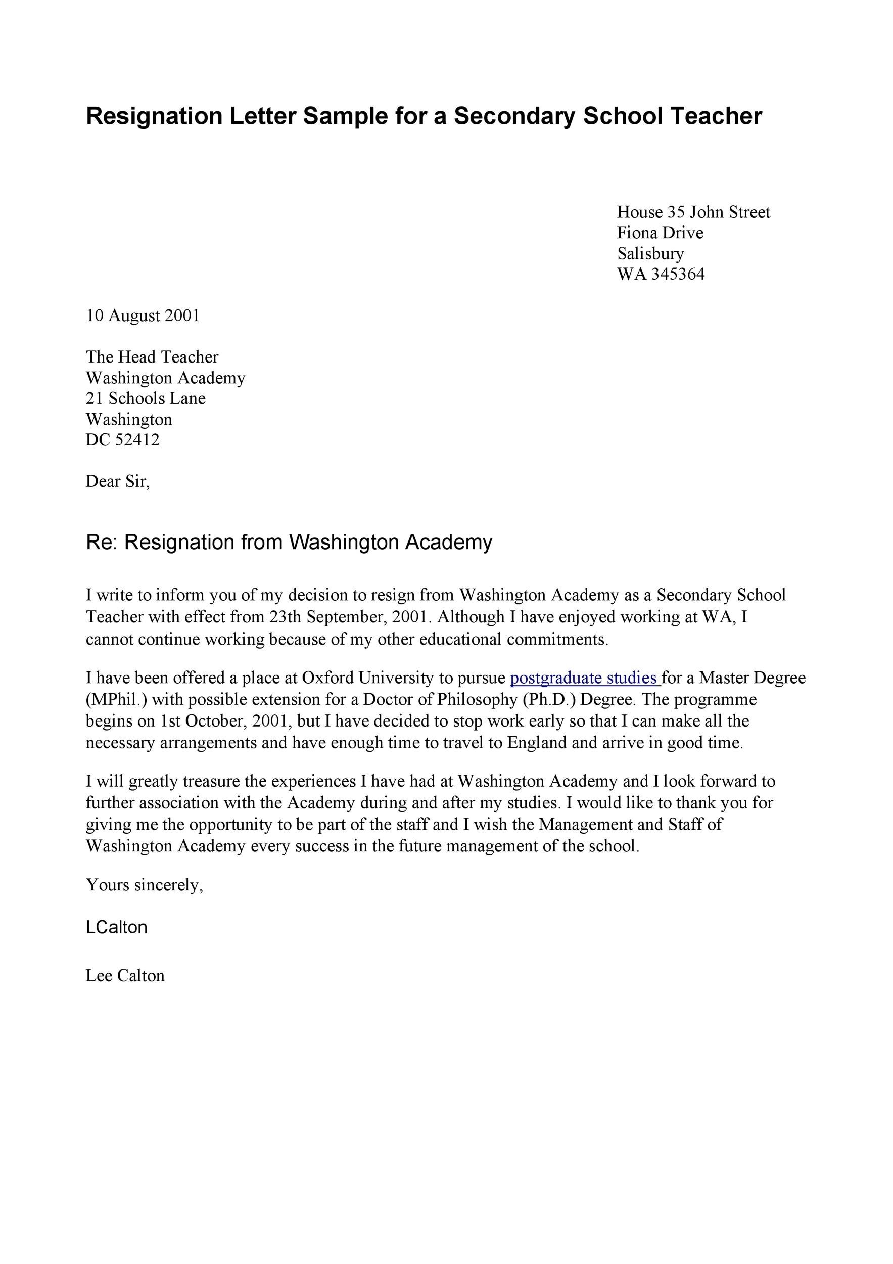 sample letter of resignation education