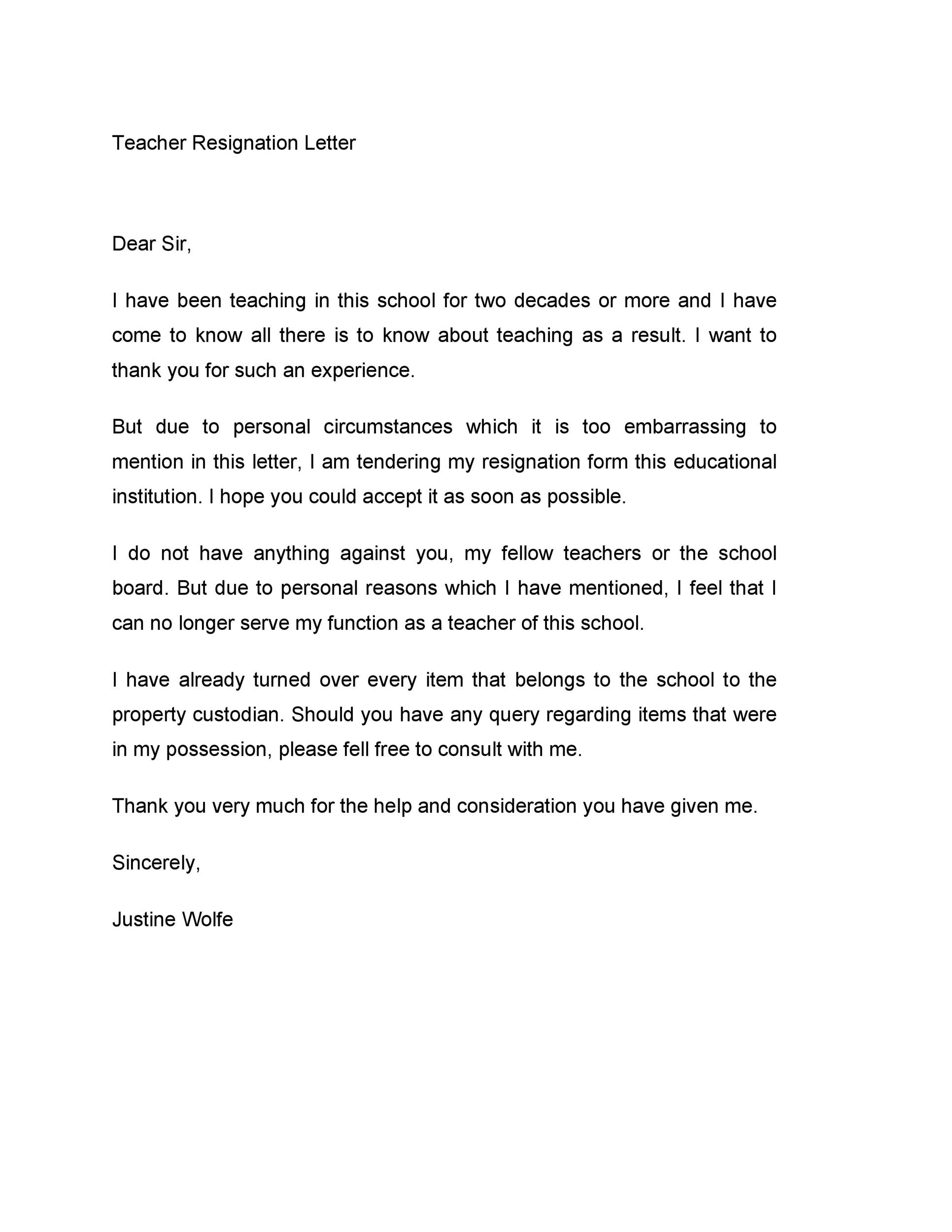 Resignation Letter For Teachers Due To Personal Reasons