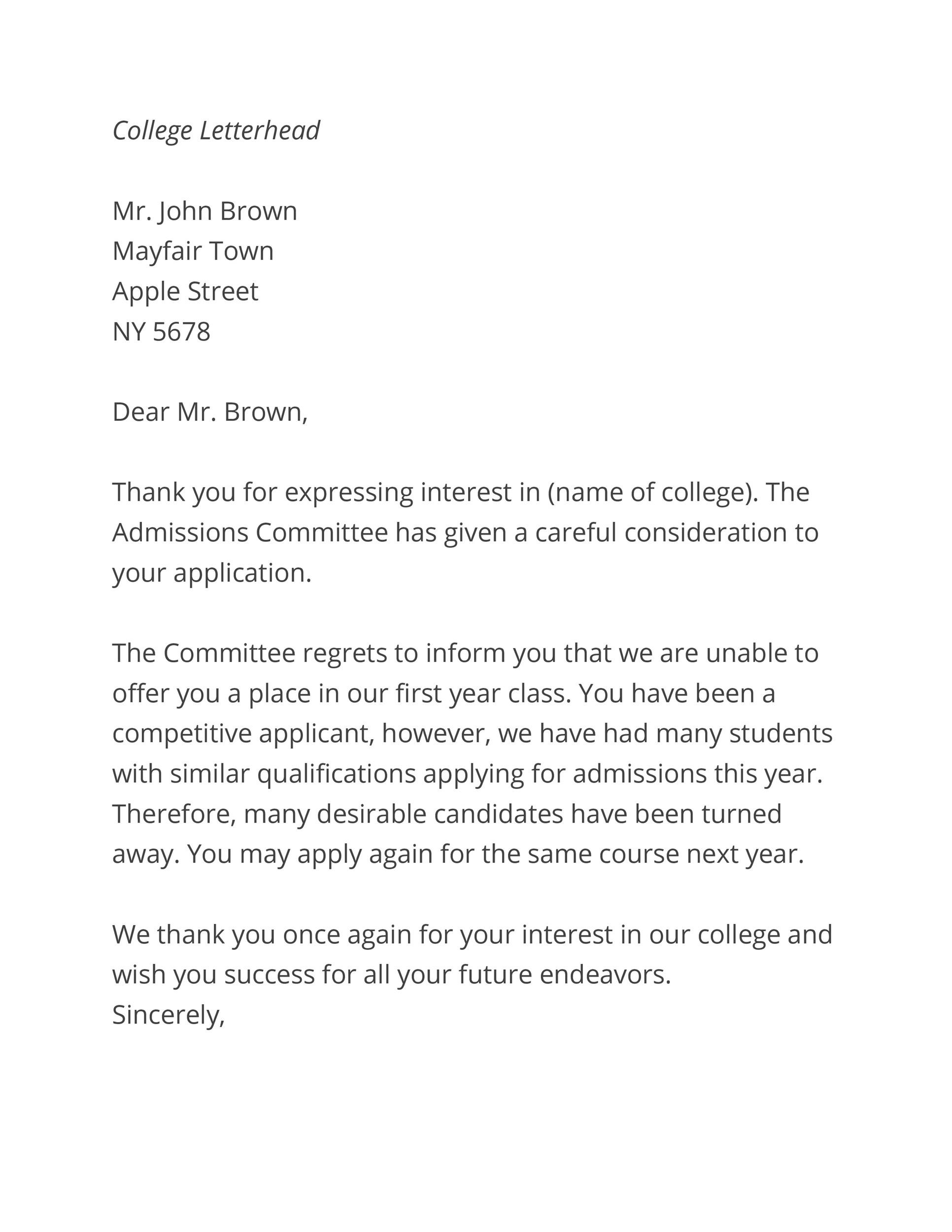 school application rejection letter