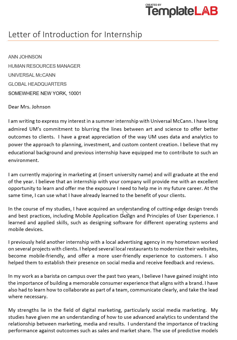 40 Letter Of Introduction Templates Examples   Letter Of Introduction For Internship 1 TemplateLab.com  