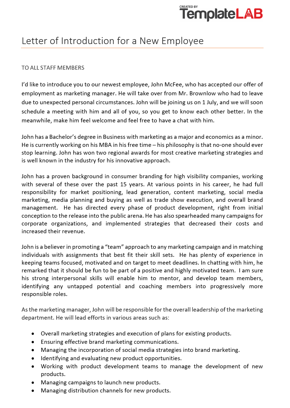 Free Letter of Introduction for a New Employee 1