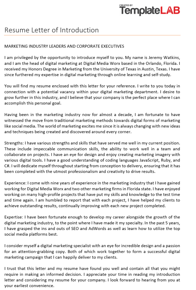 40 Letter of Introduction Templates - Resume Letter Of Introduction 1 TemplateLab.com 790x1169 