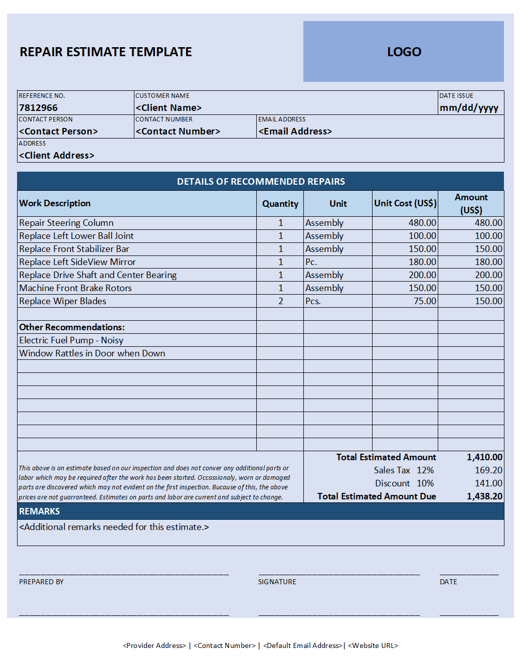 28 Free Estimate Template Forms Construction Repair Cleaning 