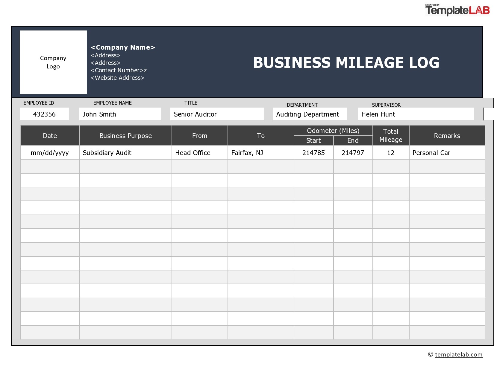 Free Business Mileage Log