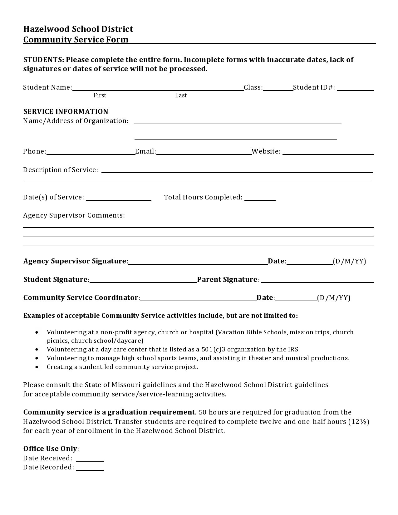 Printable Community Service Forms MS Word ᐅ TemplateLab