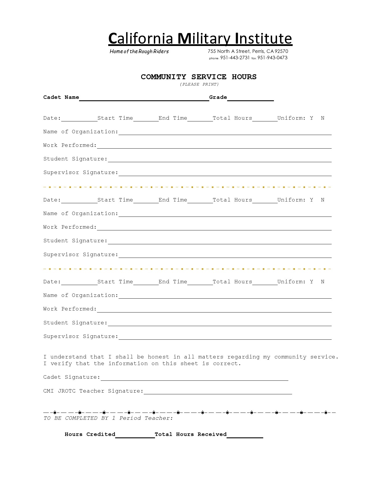 Free community service form 26