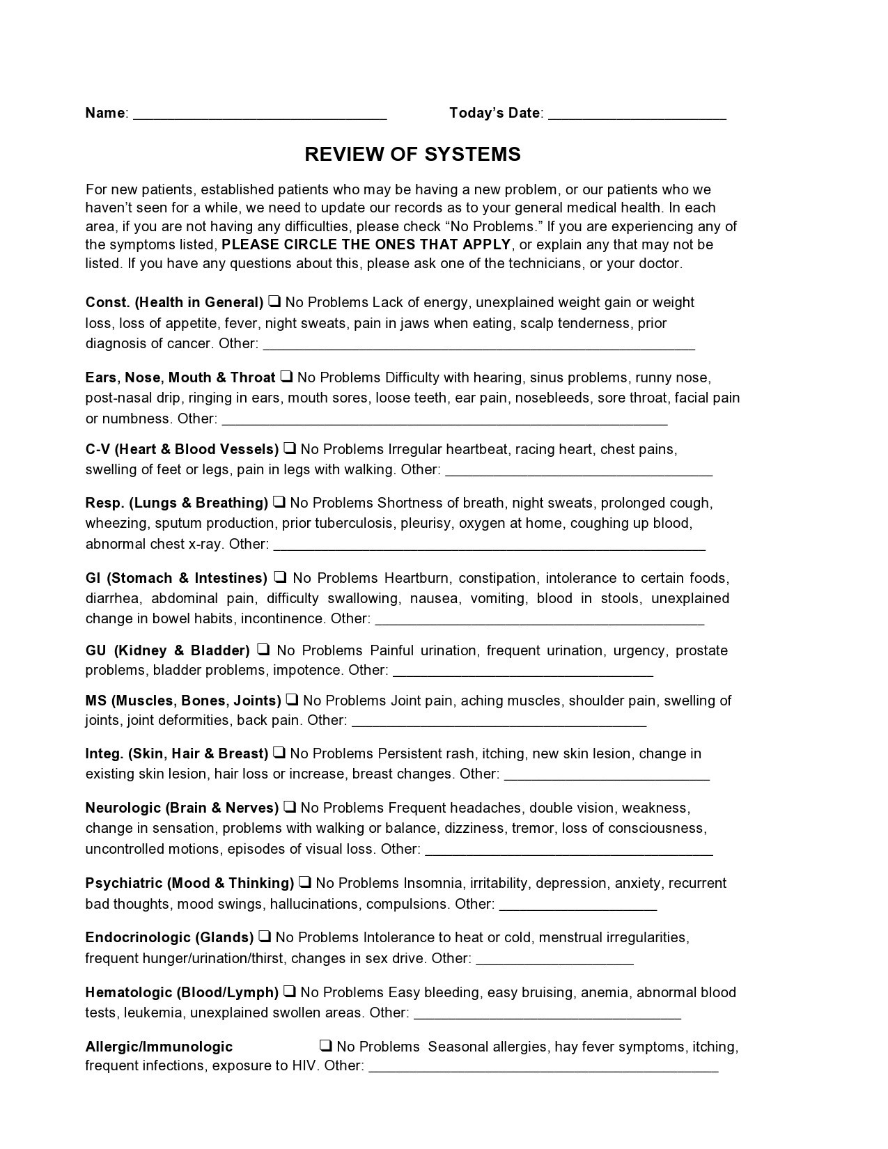 Free review of systems template 02