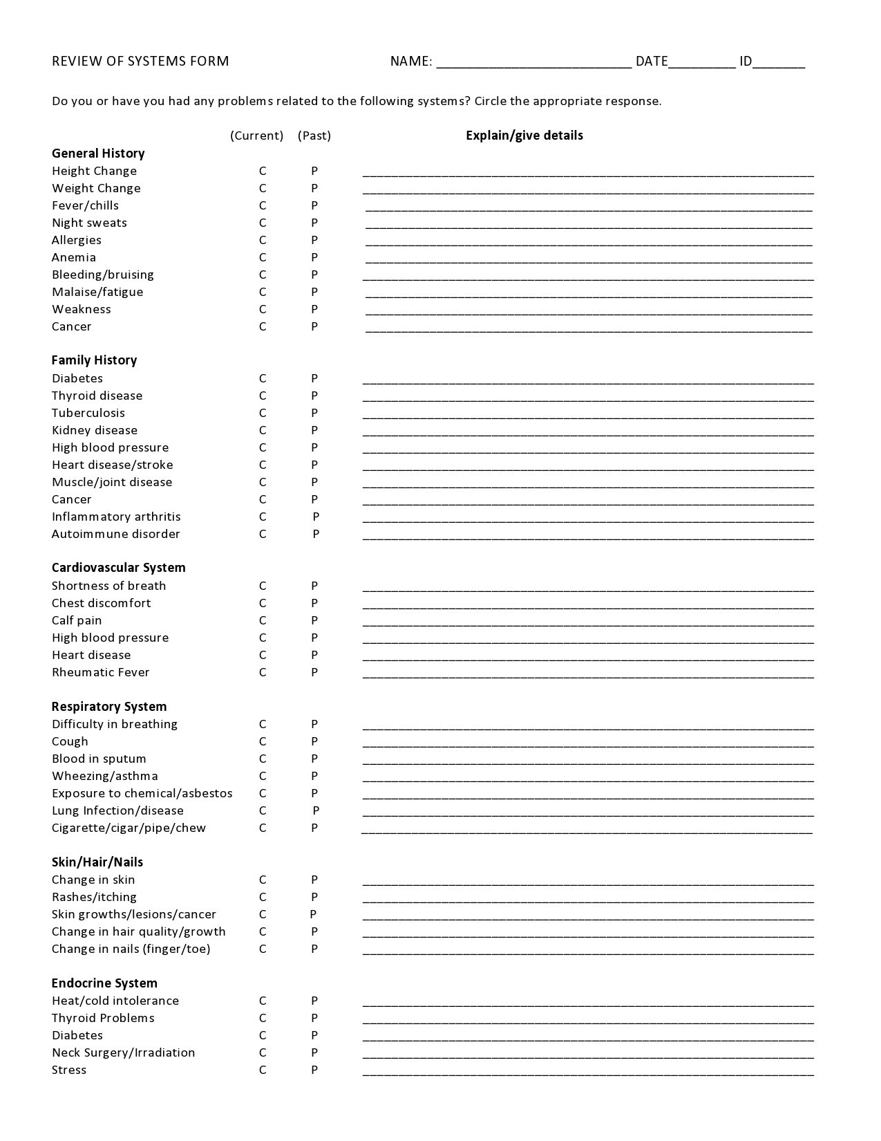 Free review of systems template 20