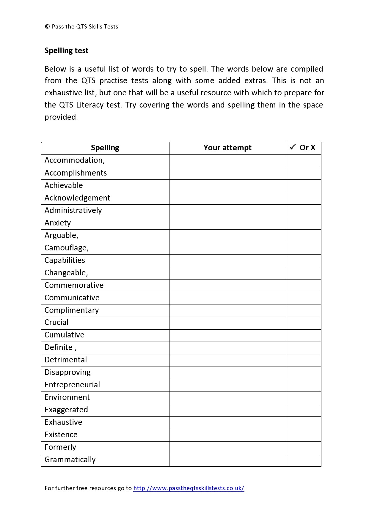 Free spelling test template 32