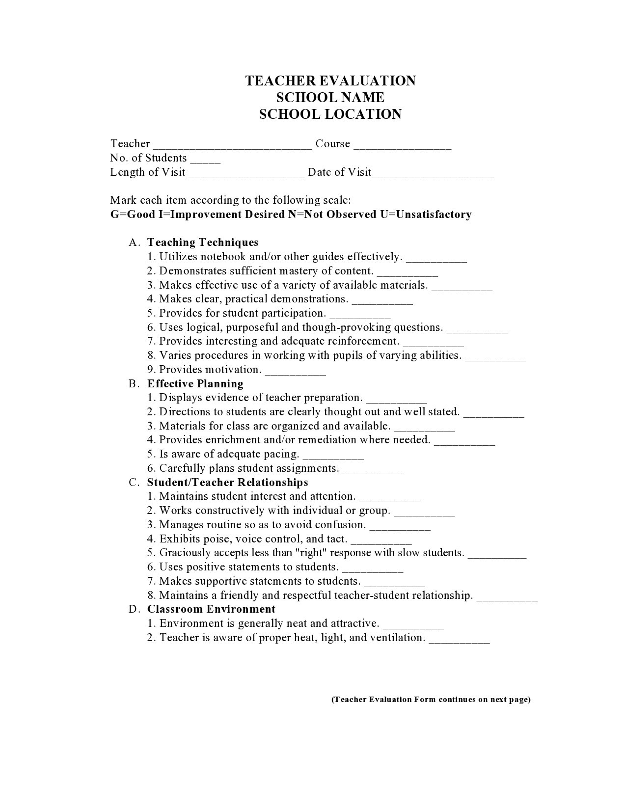 50 Printable Teacher Evaluation Forms Free ᐅ Templatelab