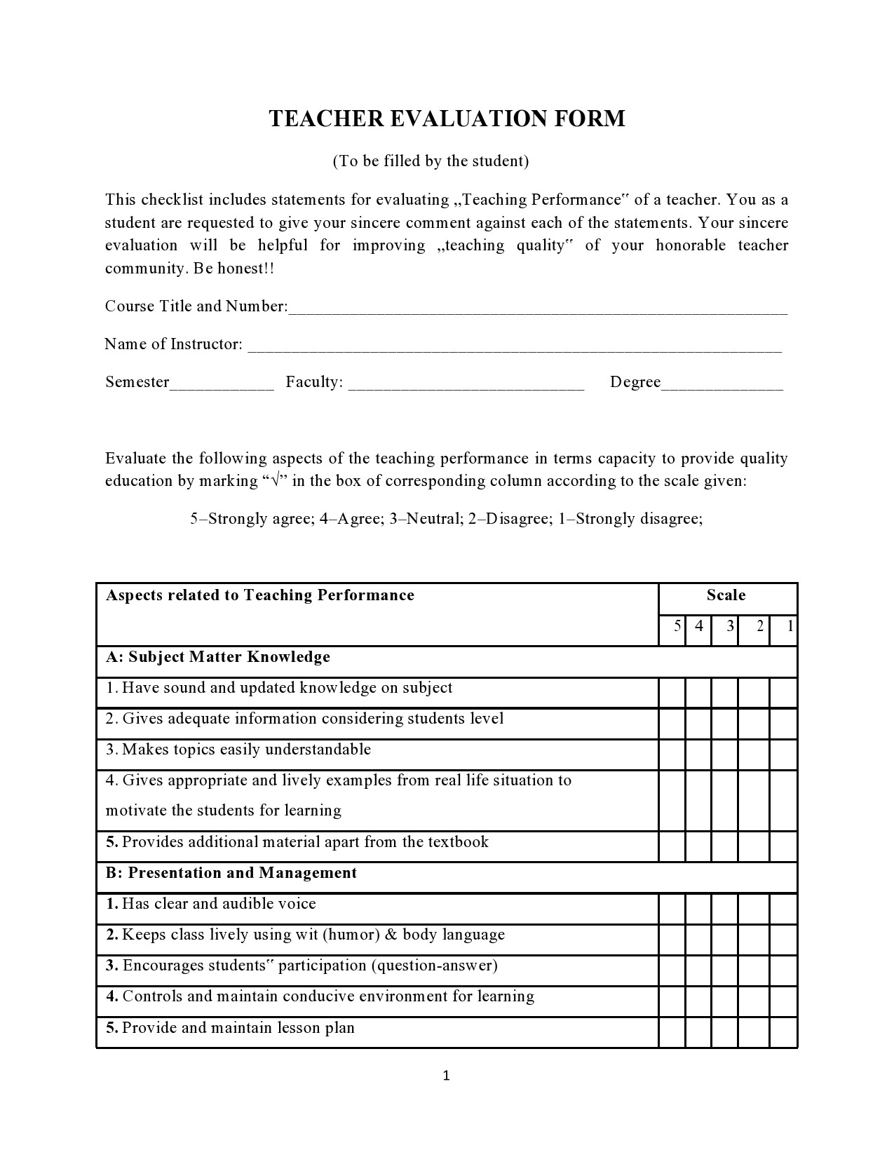 50 Printable Teacher Evaluation Forms Free Templatelab