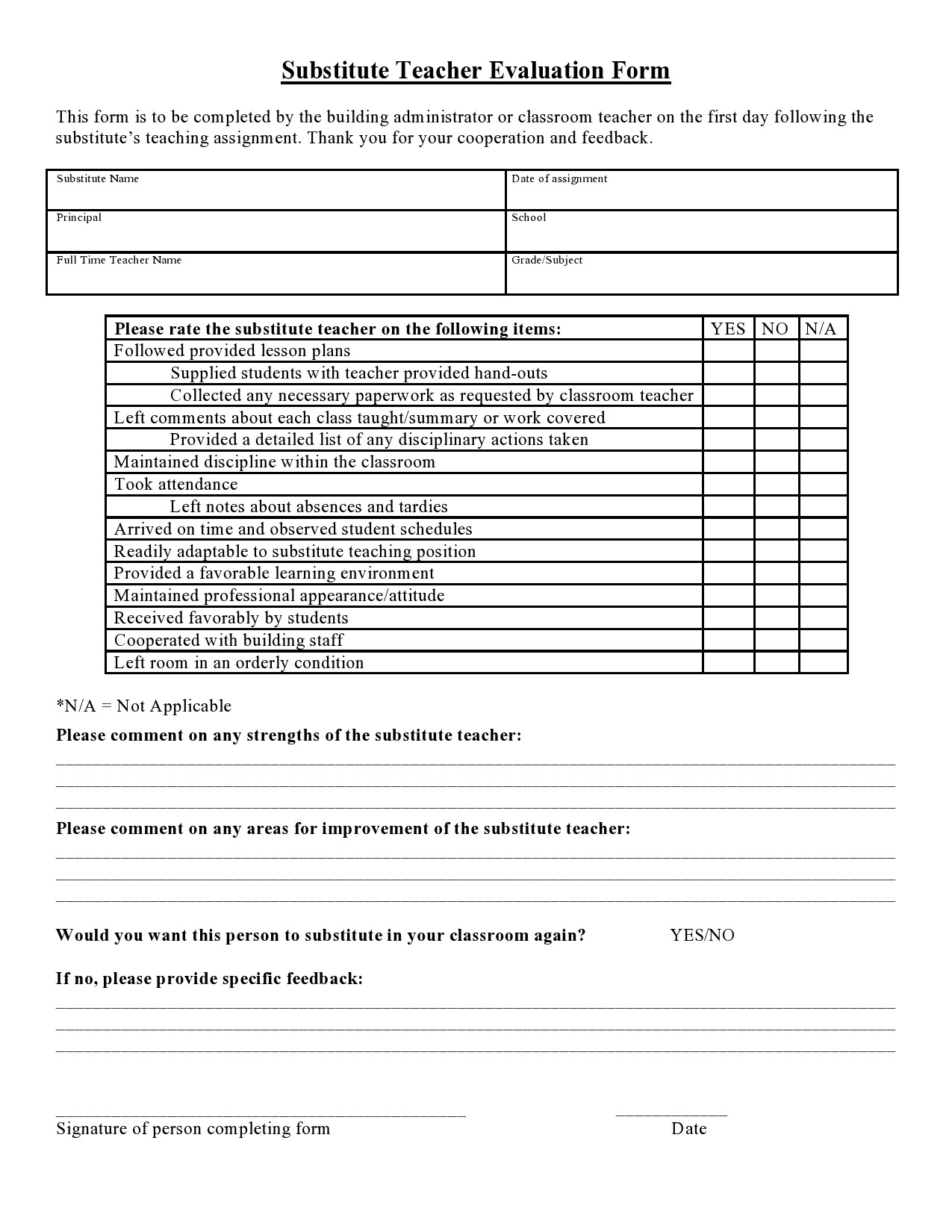 Free teacher evaluation form 11