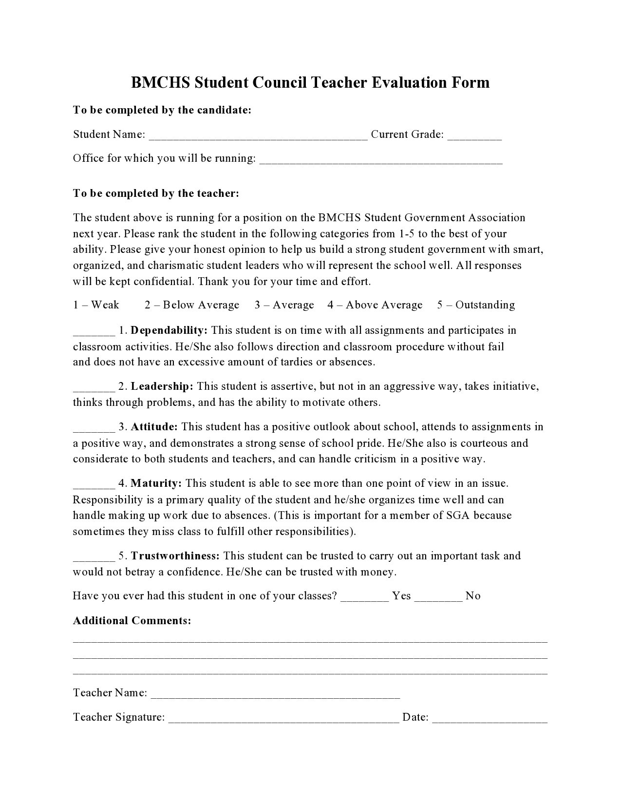Free teacher evaluation form 15