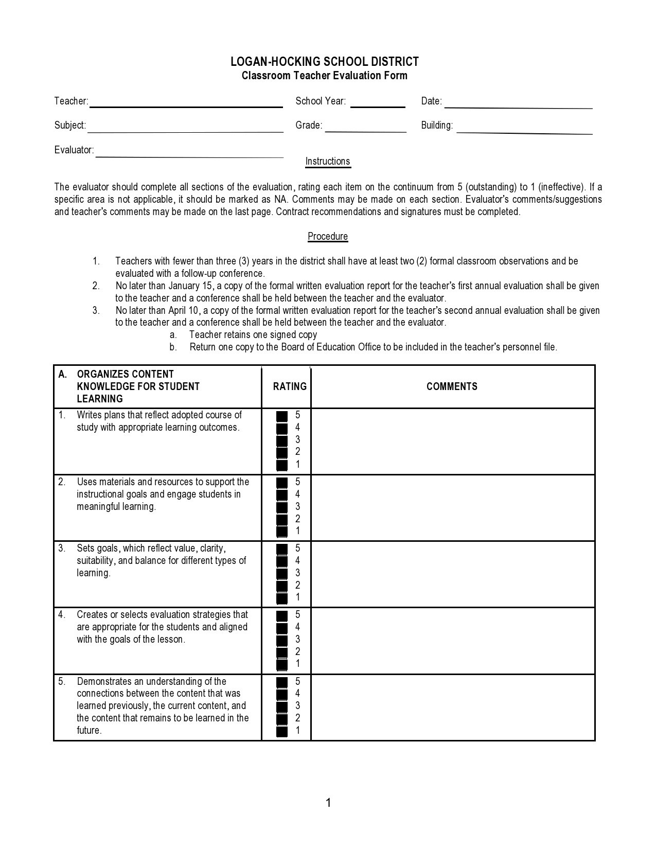 Free teacher evaluation form 16
