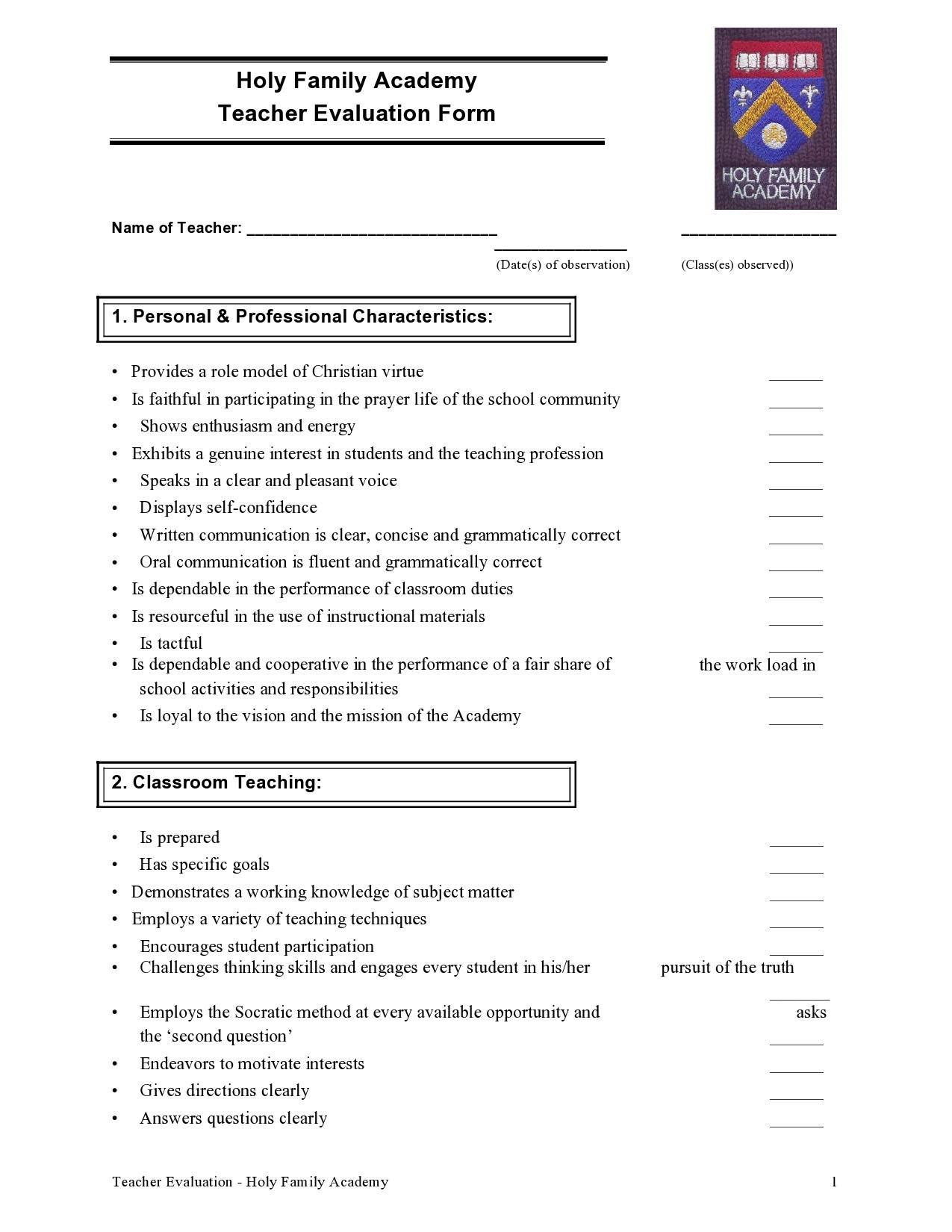 Free teacher evaluation form 23