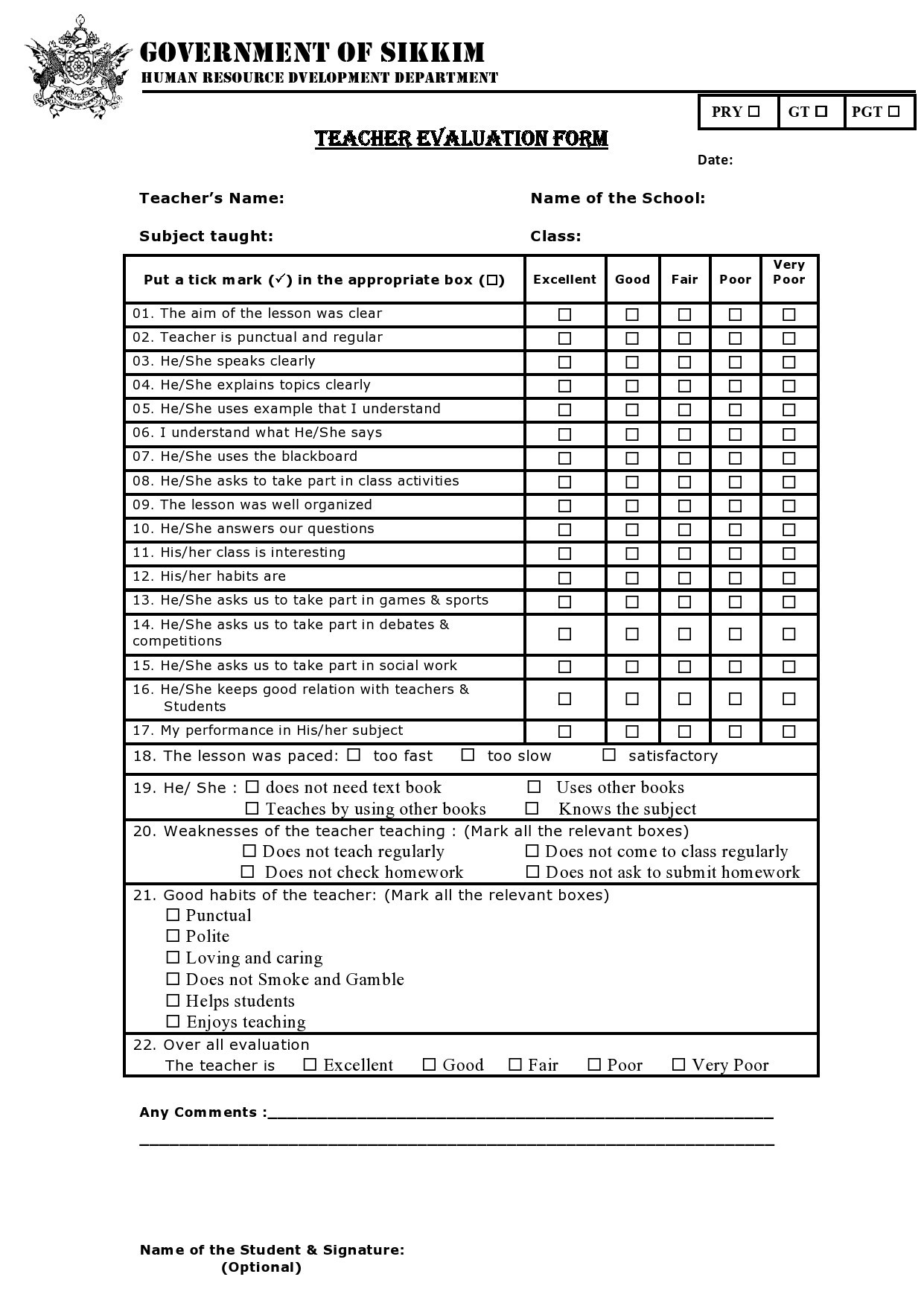 Free teacher evaluation form 32