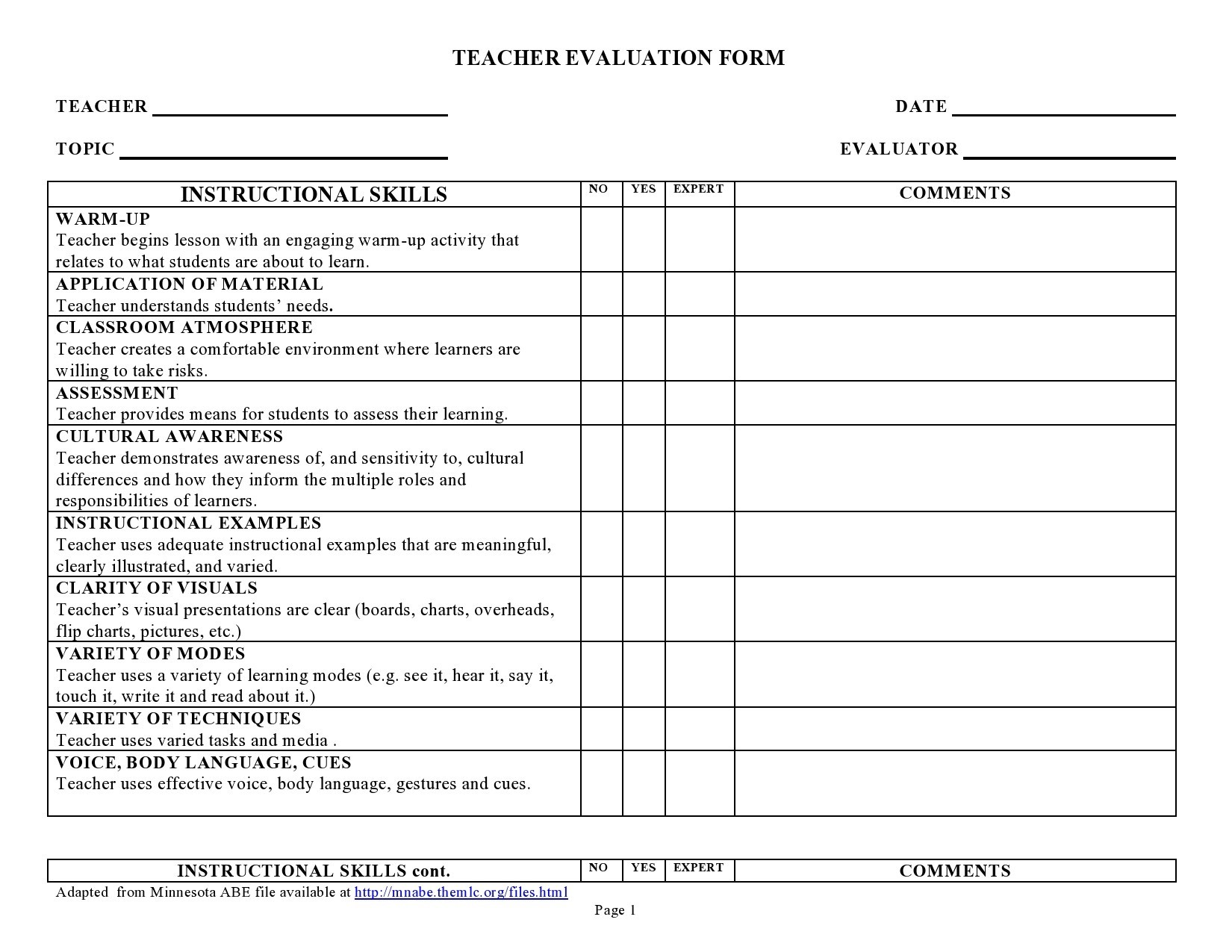 Free teacher evaluation form 45