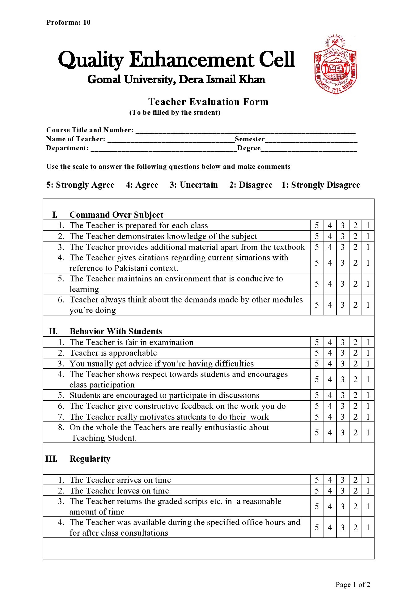 Free teacher evaluation form 47