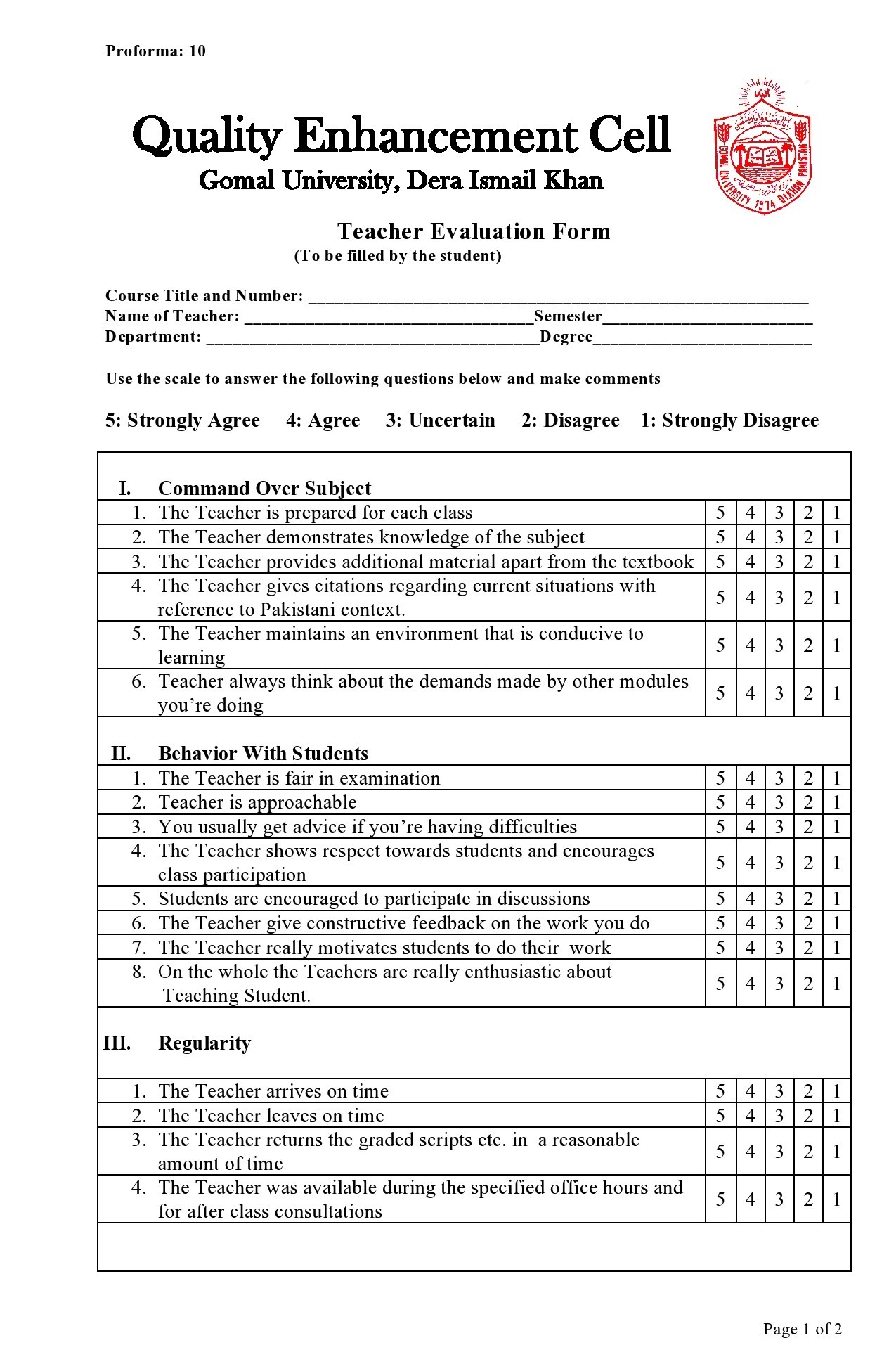 Sample Class Evaluation Form