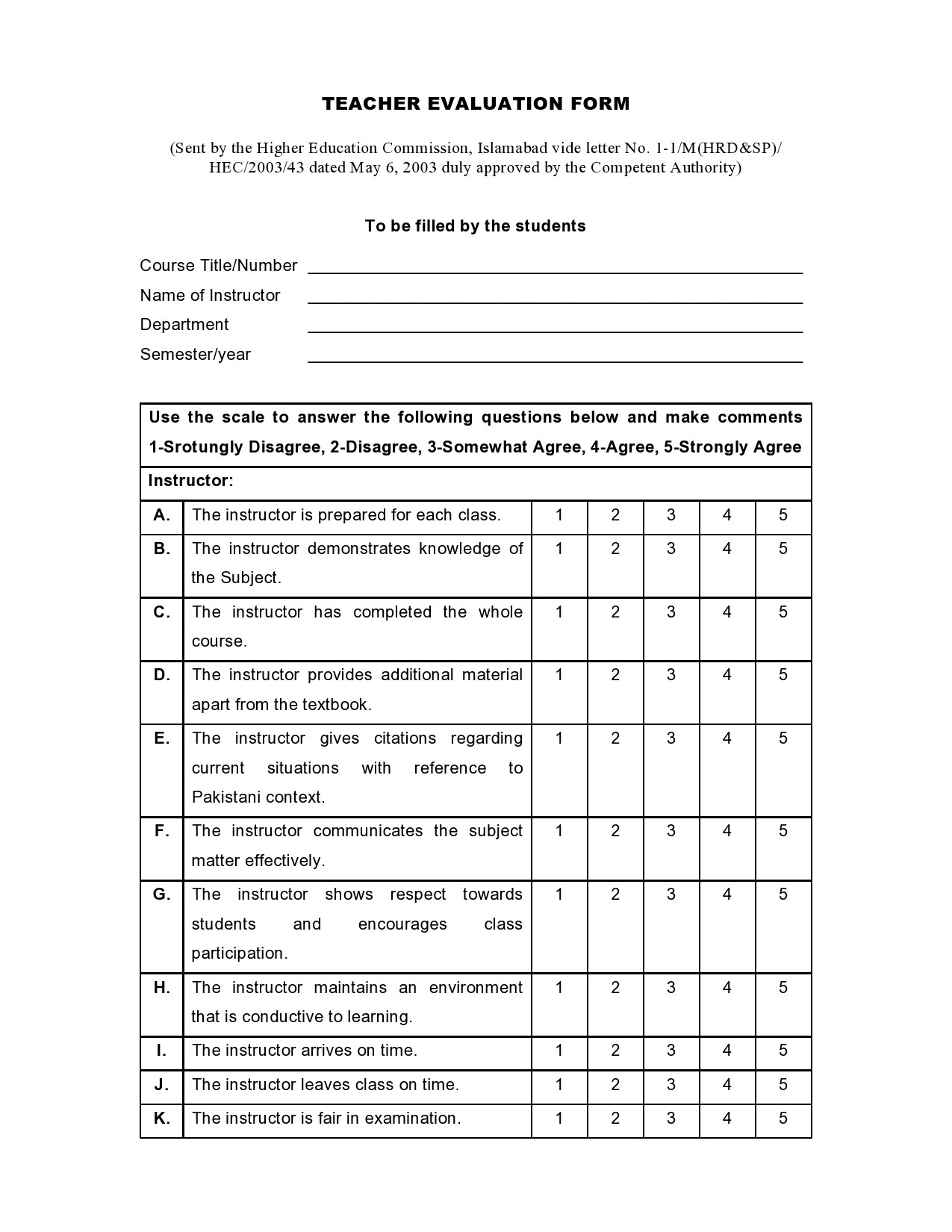 Free teacher evaluation form 49