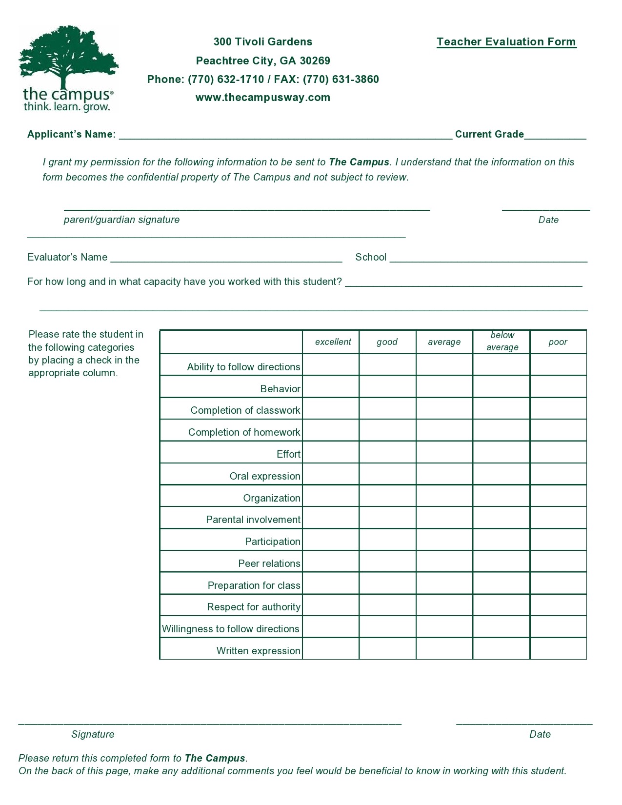 Teacher Evaluation Form For Students