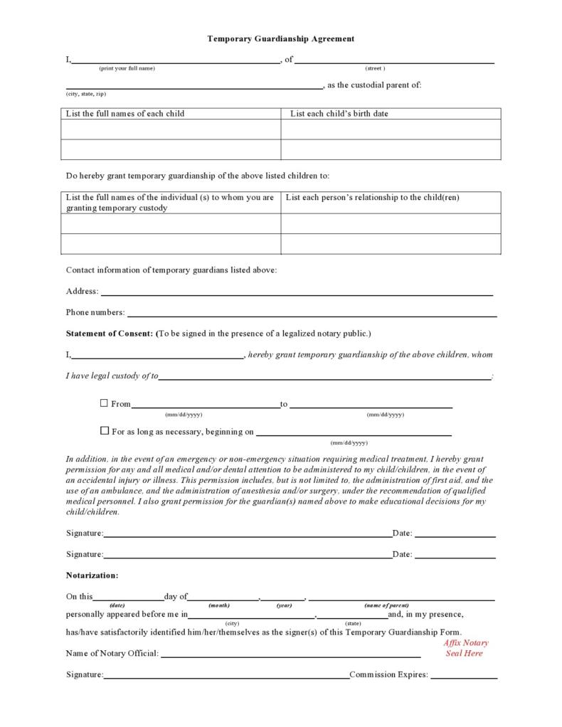 Free Printable Temporary Guardianship Form Download