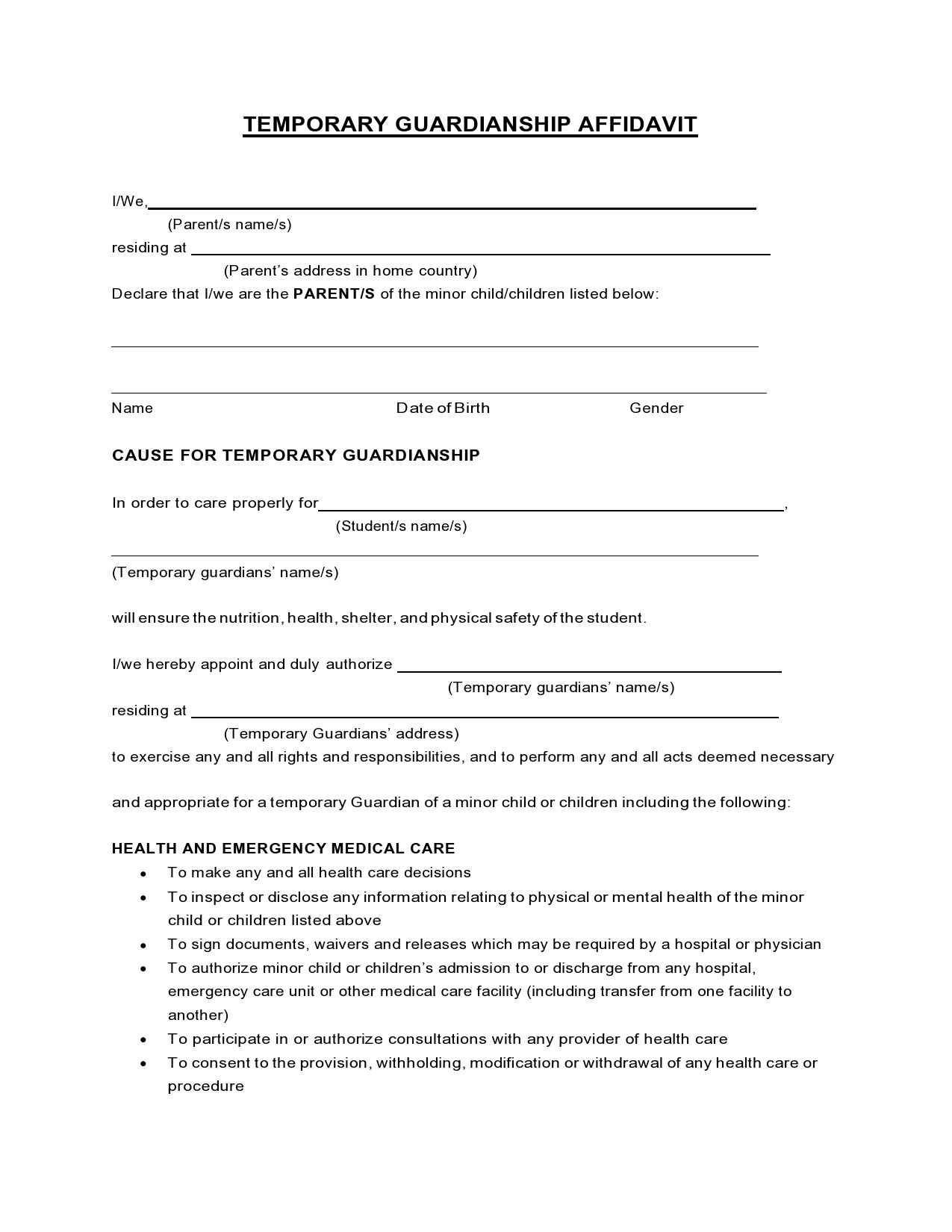40 Printable Temporary Guardianship Forms [All States] ᐅ