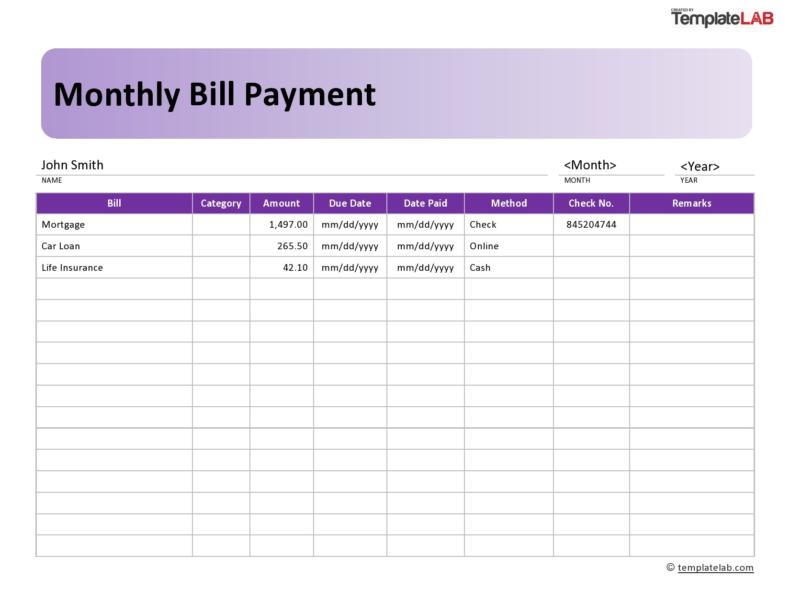 20 Free Bill Pay Checklists &amp; Bill Calendars (PDF, Word &amp; Excel)