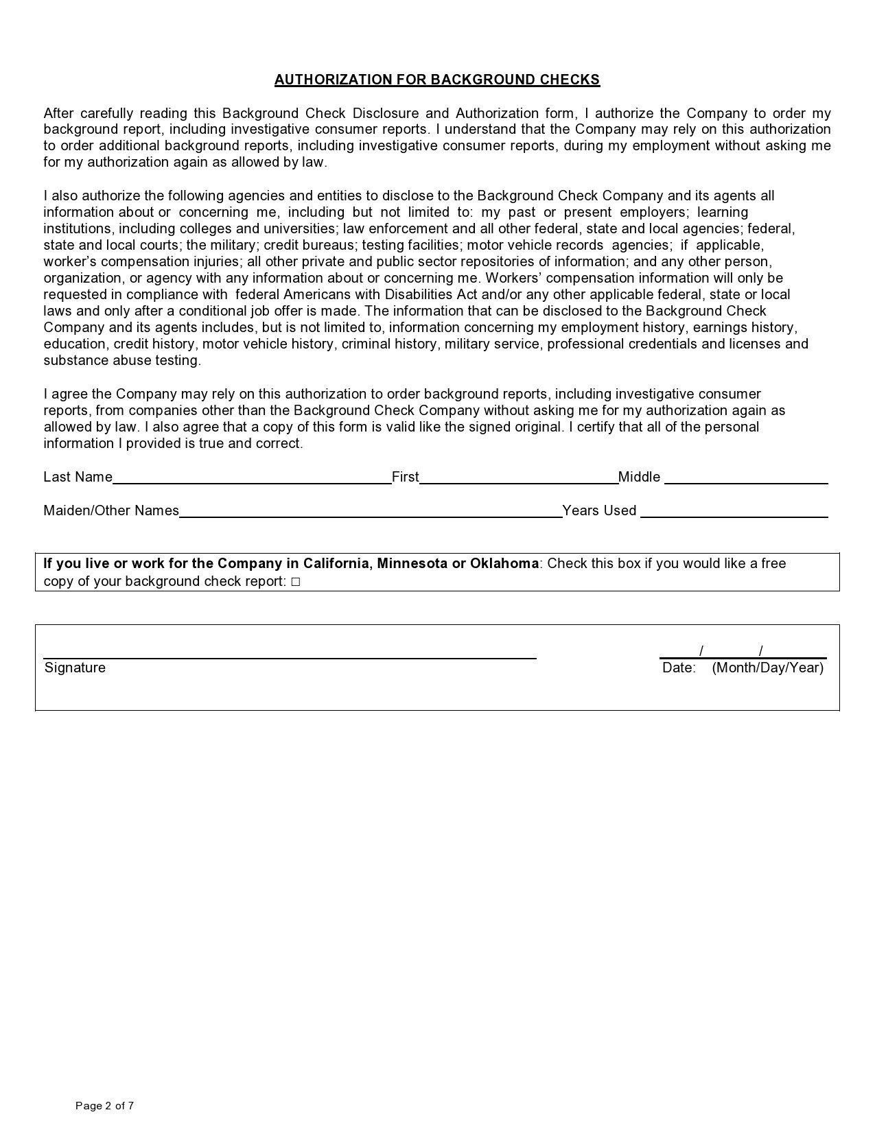 Free background check form 20
