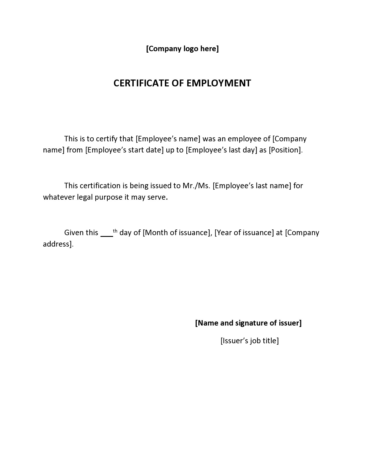 Sample Certificate Of Employment For Resigned Employee ~ Sample