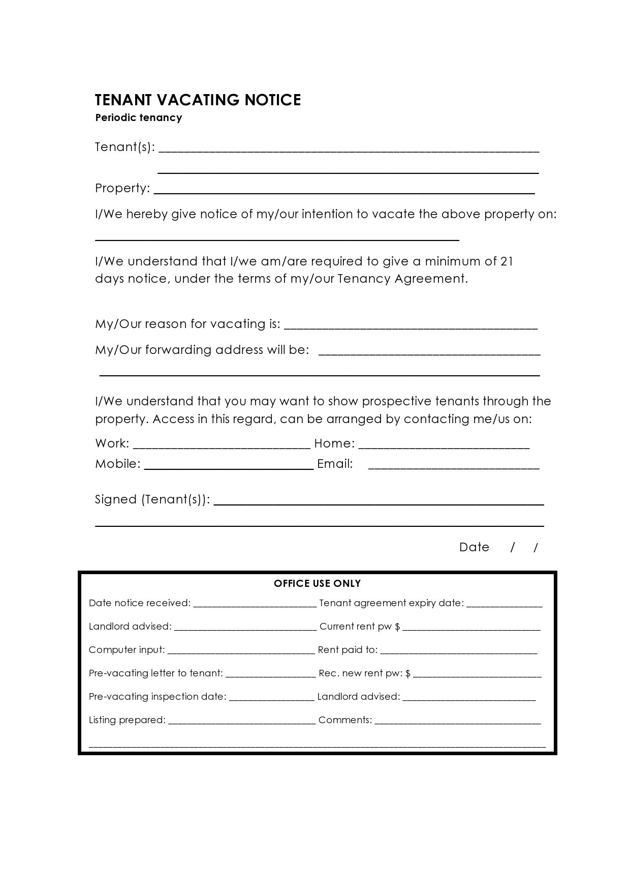 notice to vacate tenant to landlord template